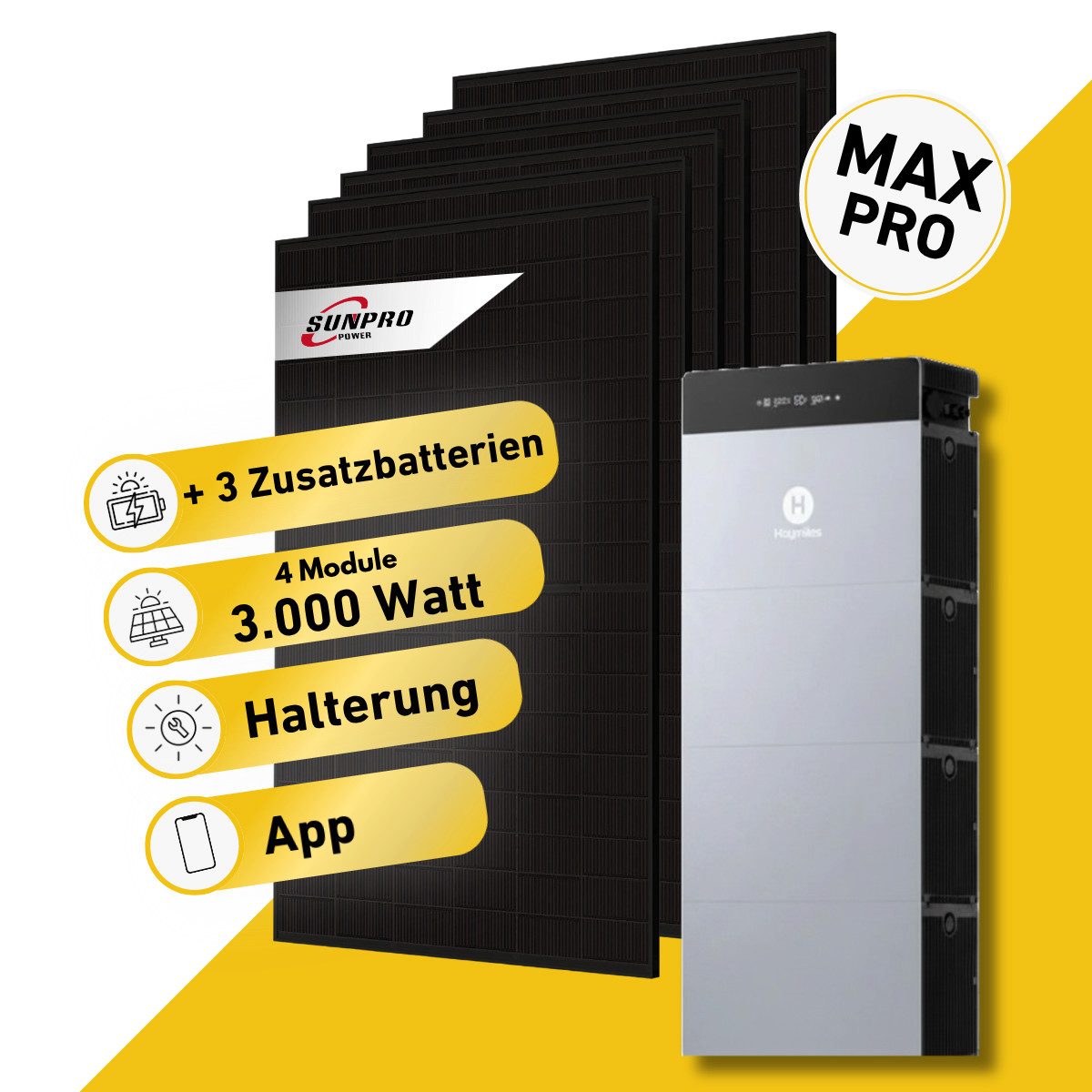 Balkonstrom Balkonkraftwerk MAX Pro 3000 Watt Solaranlage mit Speicher Komplettset Bifazial, 3000 W, Monokristallin, (6x Sunpro Solarmodul á 500 Watt, 1x Hoymiles HiBattery 4020 X, 1-3 Zusatzspeicher HB-4020-S), Halterung für Dach, Fassade, Balkon & Garten, App & Plug&Play DE