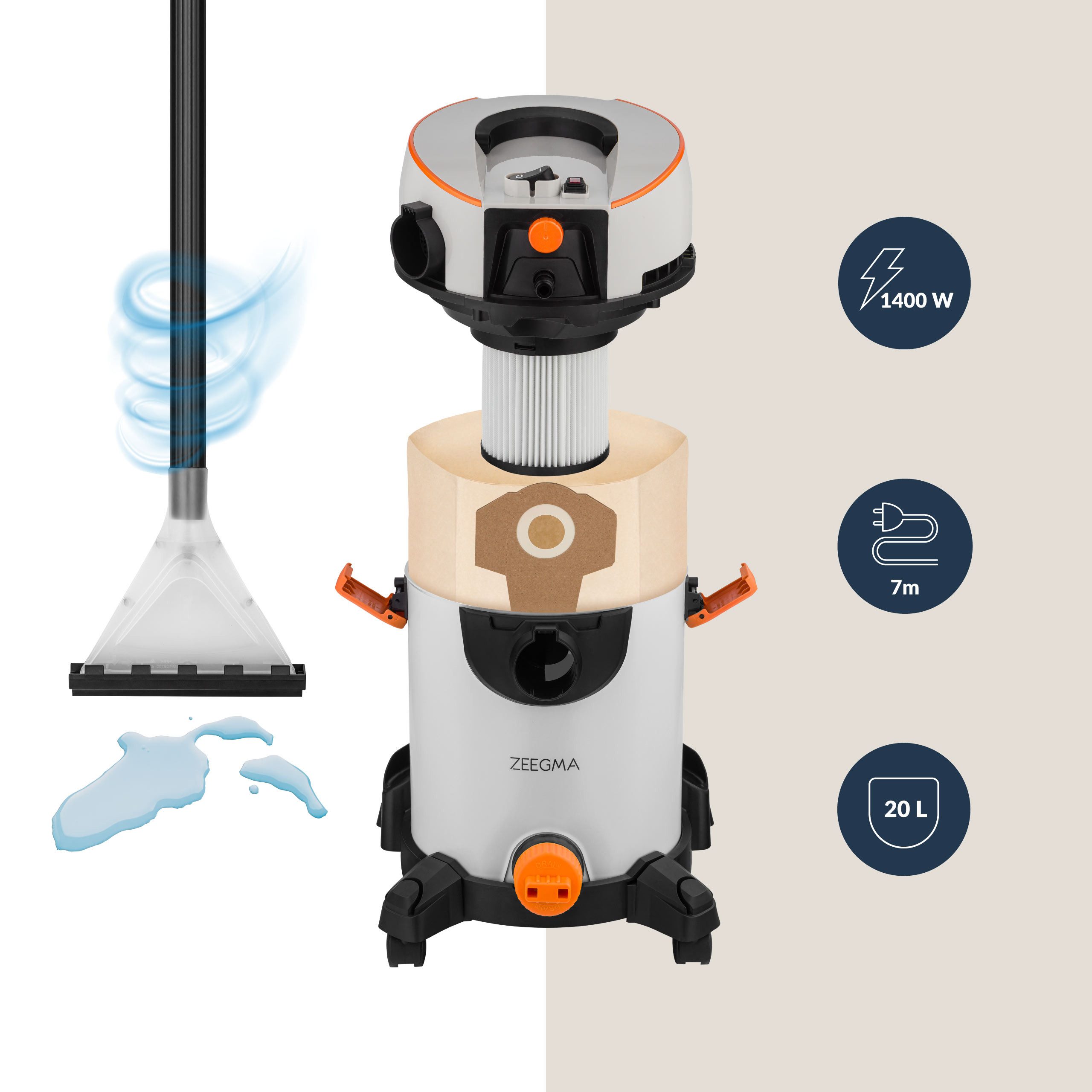 Zeegma Wasch-Sauger ZONDER WASH GREY, 1400 W, beutellos, mit Beutel, Blasfunktion/Leistungregulierung 800-1400W/4L Wassertank