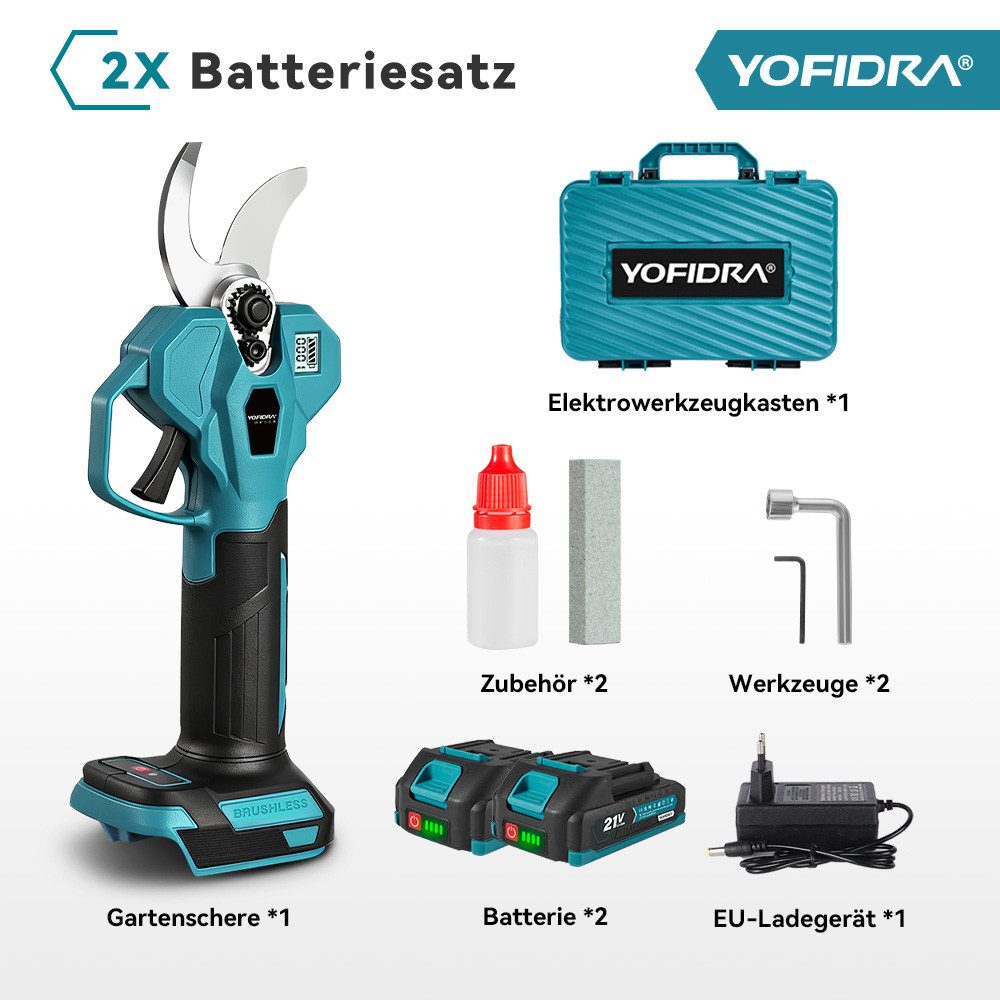 Yofidra Akku-Astschere 28mm Elektrische Gartenschere Bürstenloser Motor, mit 2x Akkus, 21V Astschere Gartenwerkzeug für Obstbaum & Gartenarbeit