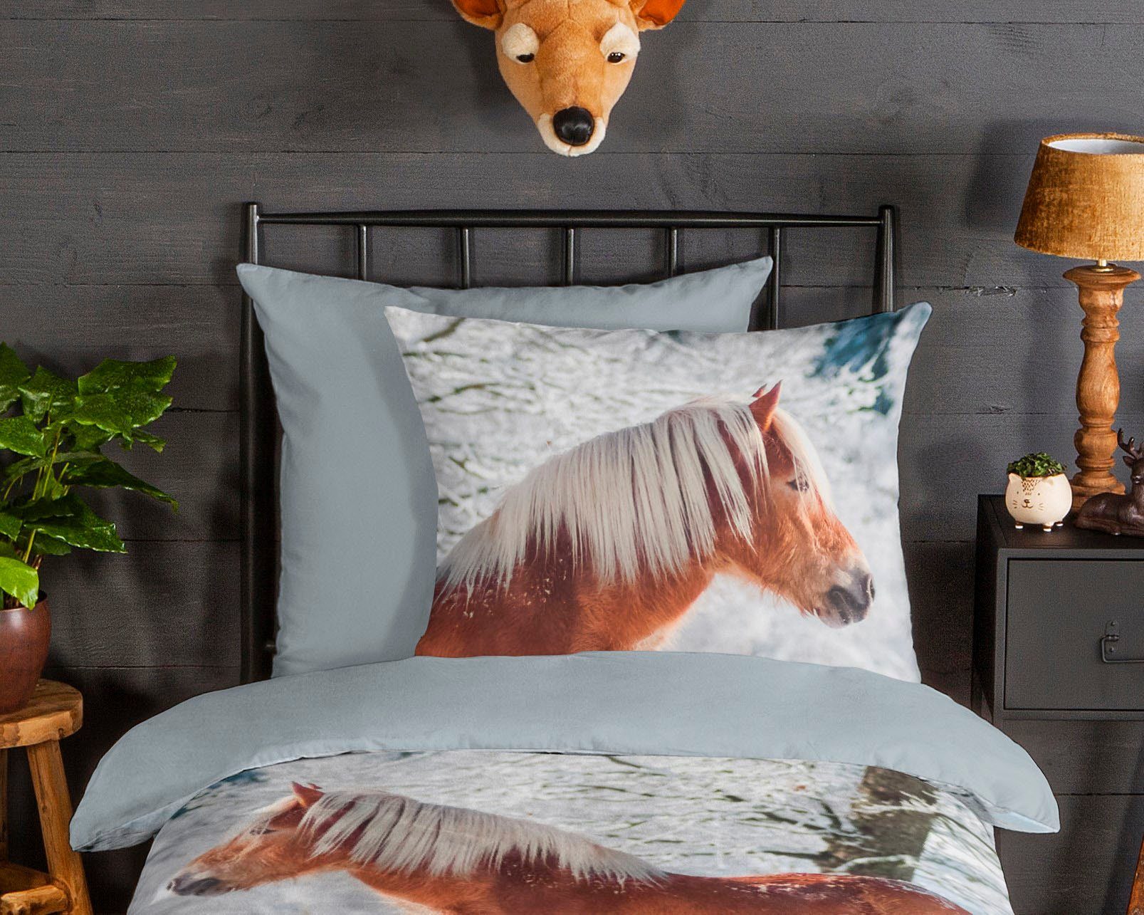 good morning Kinderbettwäsche Scarlet, Biber, Flanell, 2 teilig, Biber, 135x200, Winter, Warm, Reißverschluss, Wendeoptik, Kind, Pferd