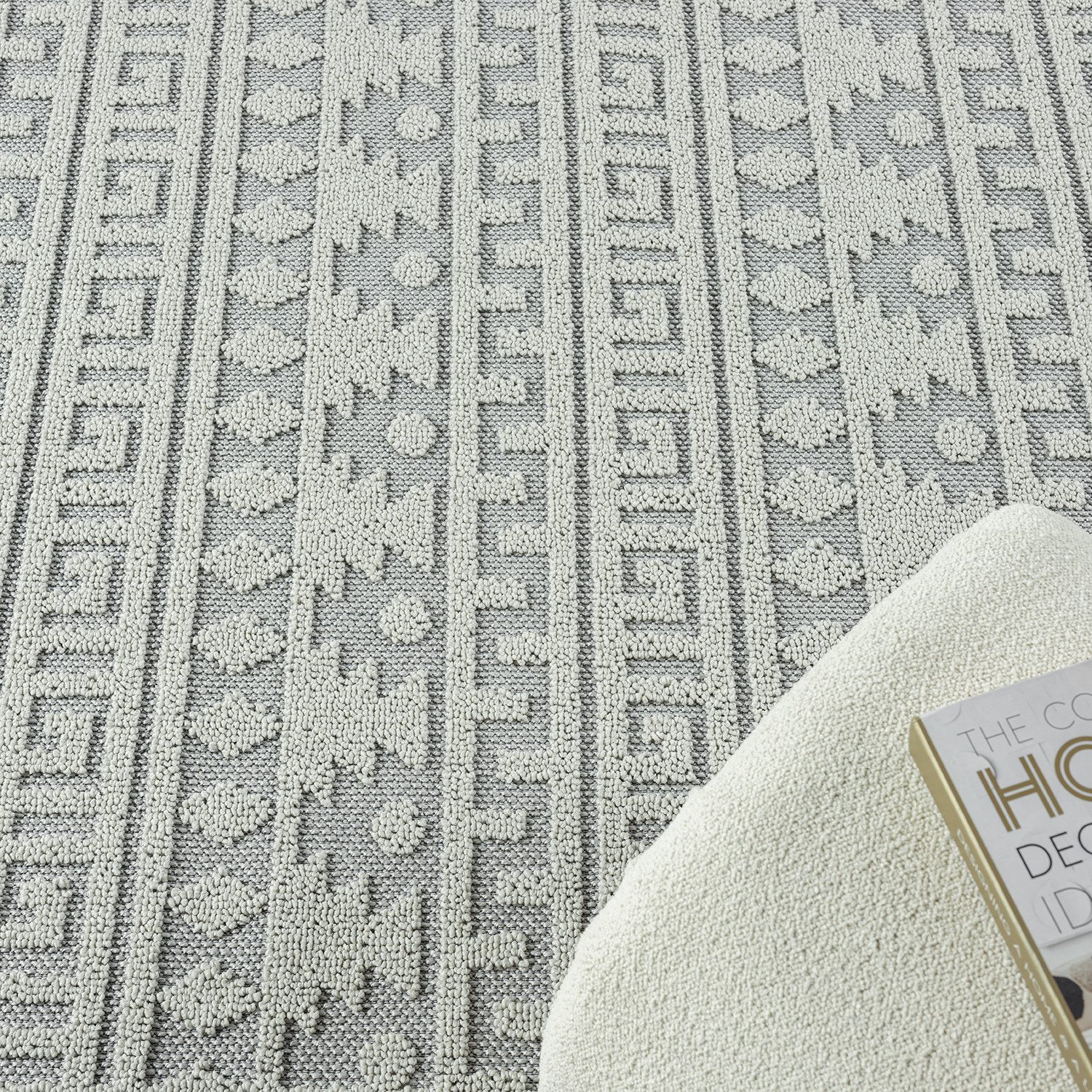 Vimoda Teppich Wohnzimmer Boho Skandi Frisé-Teppich, Rechteck, In & Outdoorteppich,Hoch Tief,3D, Balkon,Küchenteppich,Flur,Creme