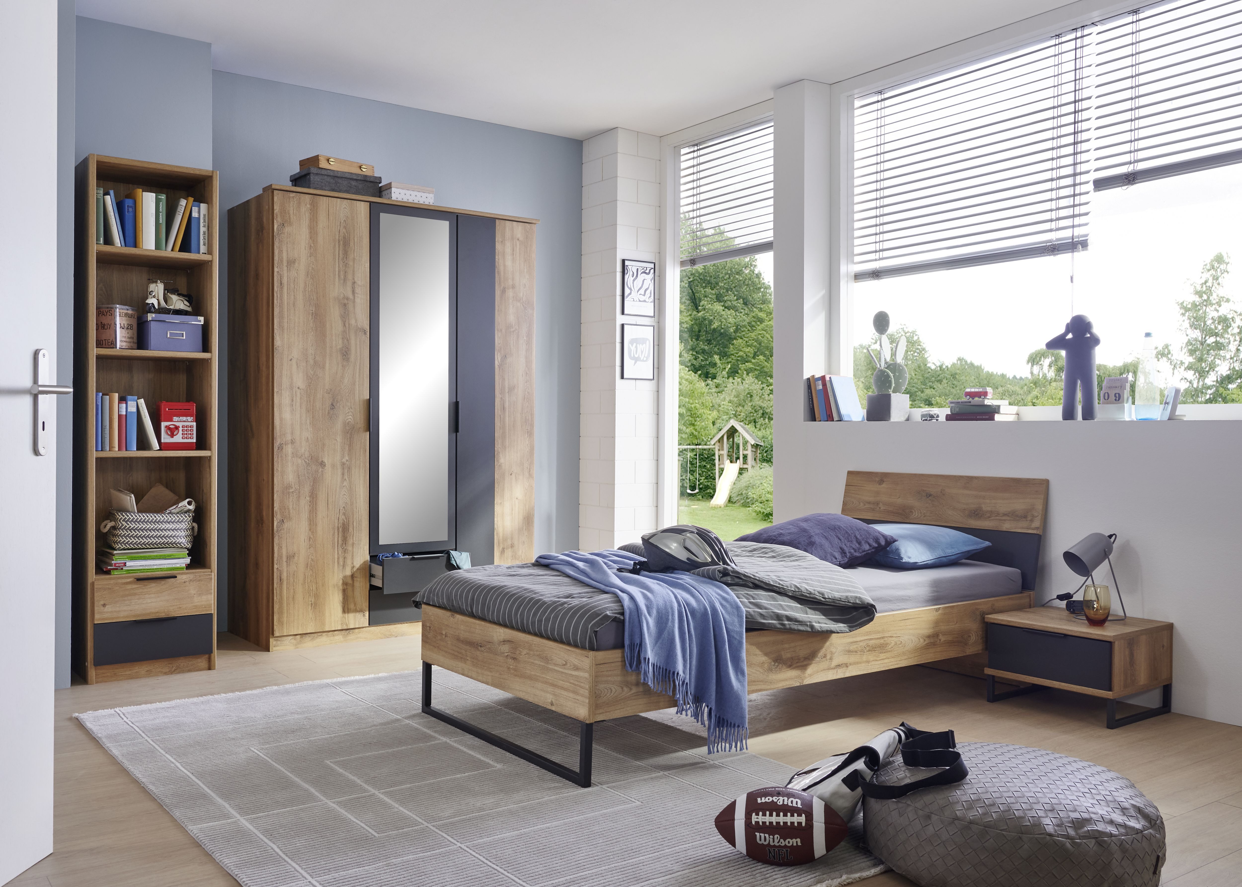 möbel-direkt.de Jugendzimmer-Set Texel in Plankeneiche und Grafit, (Komplett Set, 4-tlg., verschiedene Zusammenstellungen wählbar), mit Spiegel am Schrank