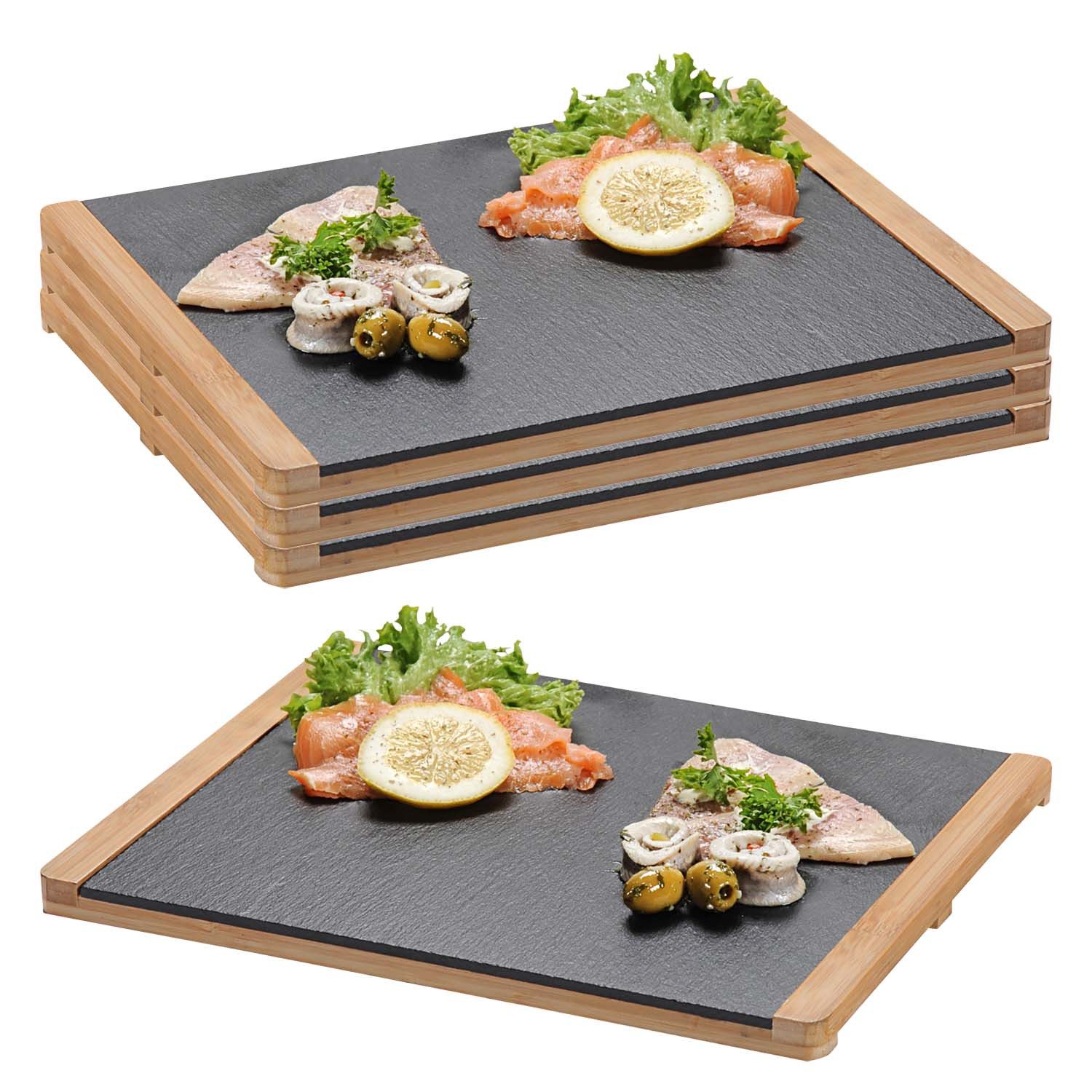 Servierbrett 4 Buffetplatten, Schiefer mit Bambusrahmen - 34 x 26cm