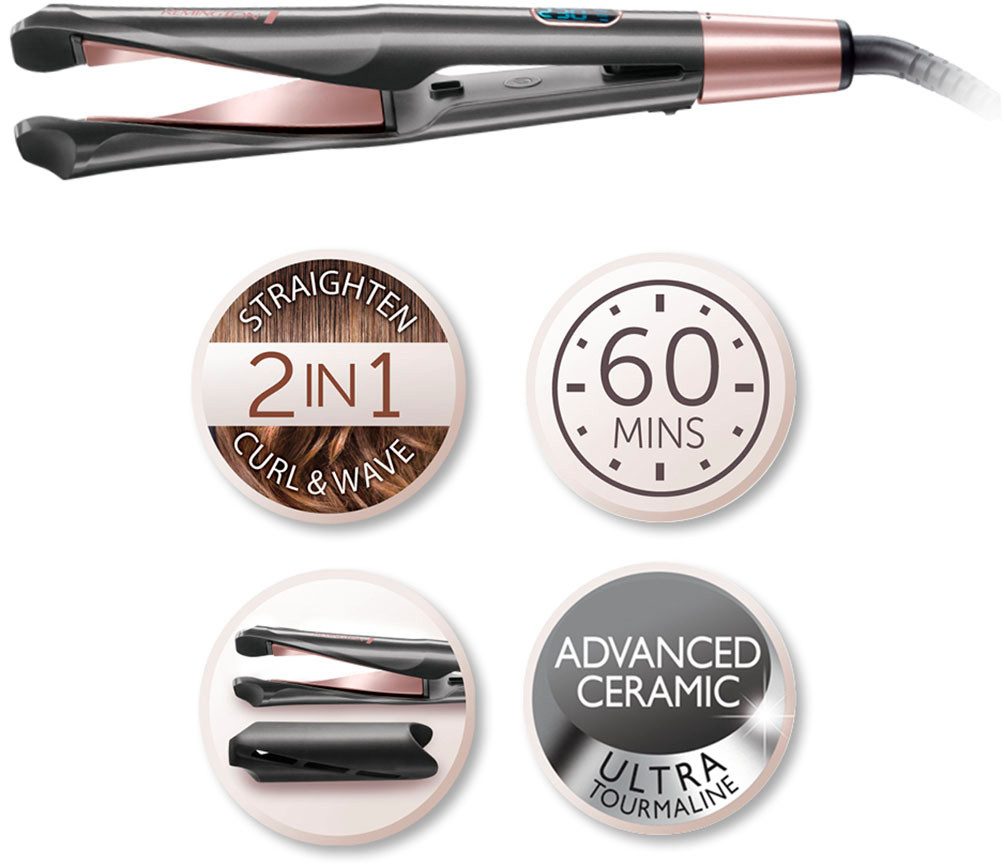 Remington Glätteisen S6606 Curl & Straight Confidence Haarglätter Keramik-Turmalin-Beschichtung, Professionelles 2-in-1 Styling: Glätteisen, Locken&Wellen; LCD display