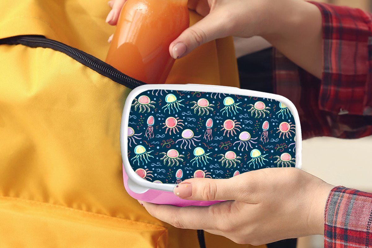 MuchoWow Lunchbox Kunststoff - (2-tlg), Design rosa Brotdose Tiere - Kinder, Erwachsene, Snackbox, Brotbox Mädchen, Kunststoff, Qualle, für