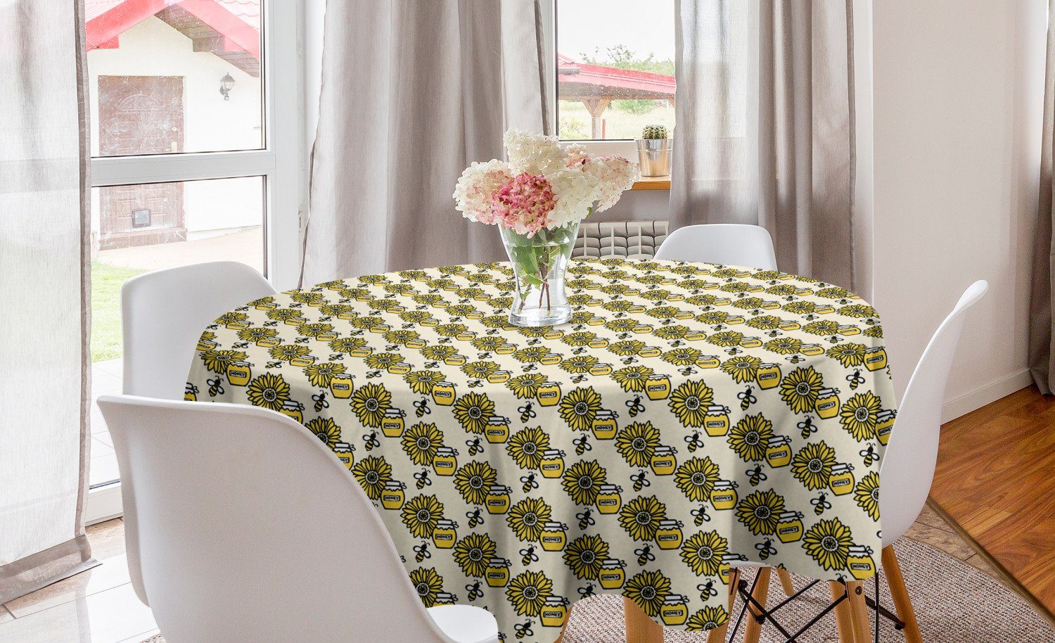Abakuhaus Tischdecke Kreis Tischdecke Abdeckung für Esszimmer Küche Dekoration, Bienenkönigin Honig-Gläser und Sonnenblumen