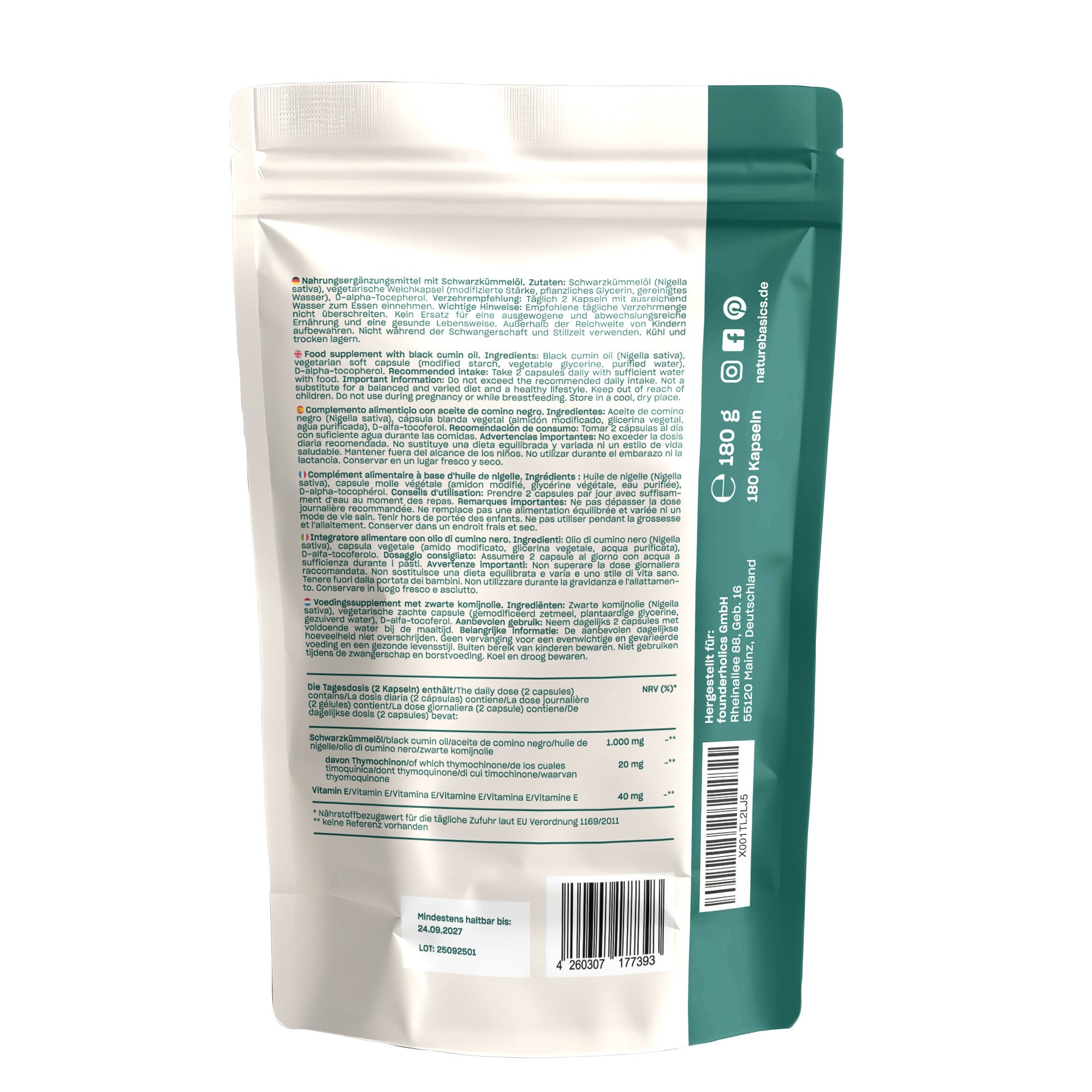 Nature Basics Hochwertiges 500mg Schwarzkümmelöl 250mg Linolsäure Vegan 180 Kapseln, 180 St., 180 g