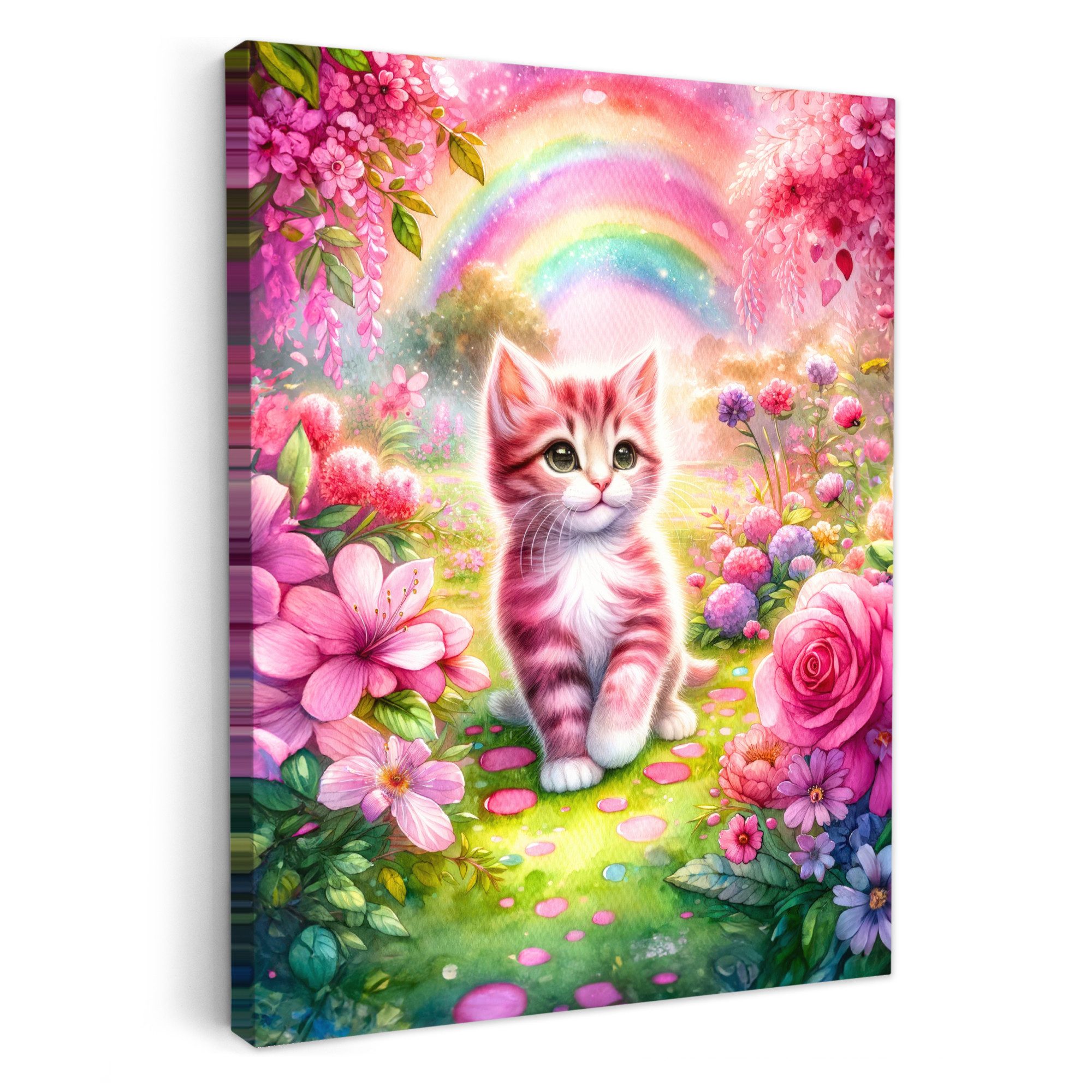 OneMillionCanvasses® Leinwandbild Kätzchen - Rosa - Katze - Regenbogen - Blumen, Fotodruck (1 St), Babyzimmer Deko, Bilder für Mädchen und Jungen 30x40 cm