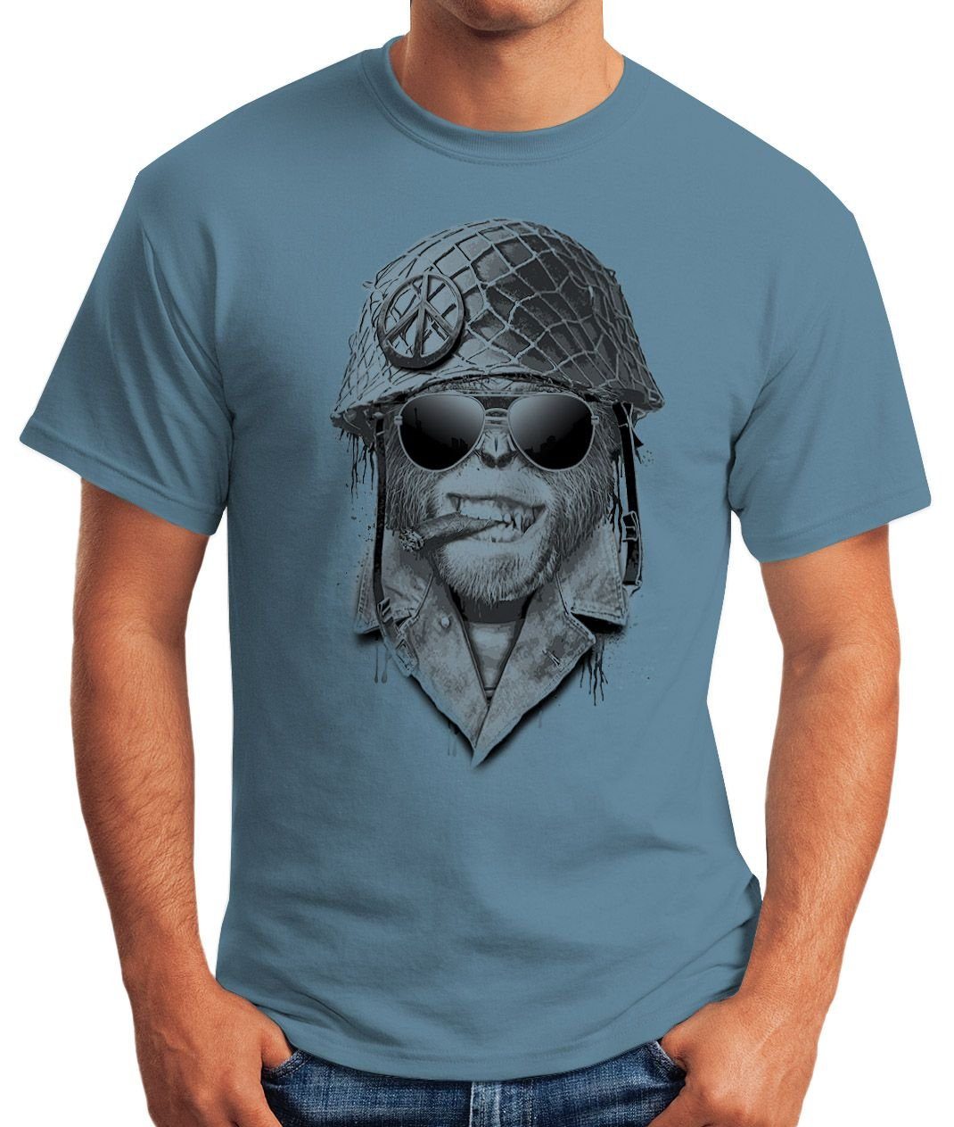 T-Shirt Herren Print-Shirt Moonworks® blau MoonWorks Print Gorilla Helmet Fun-Shirt mit