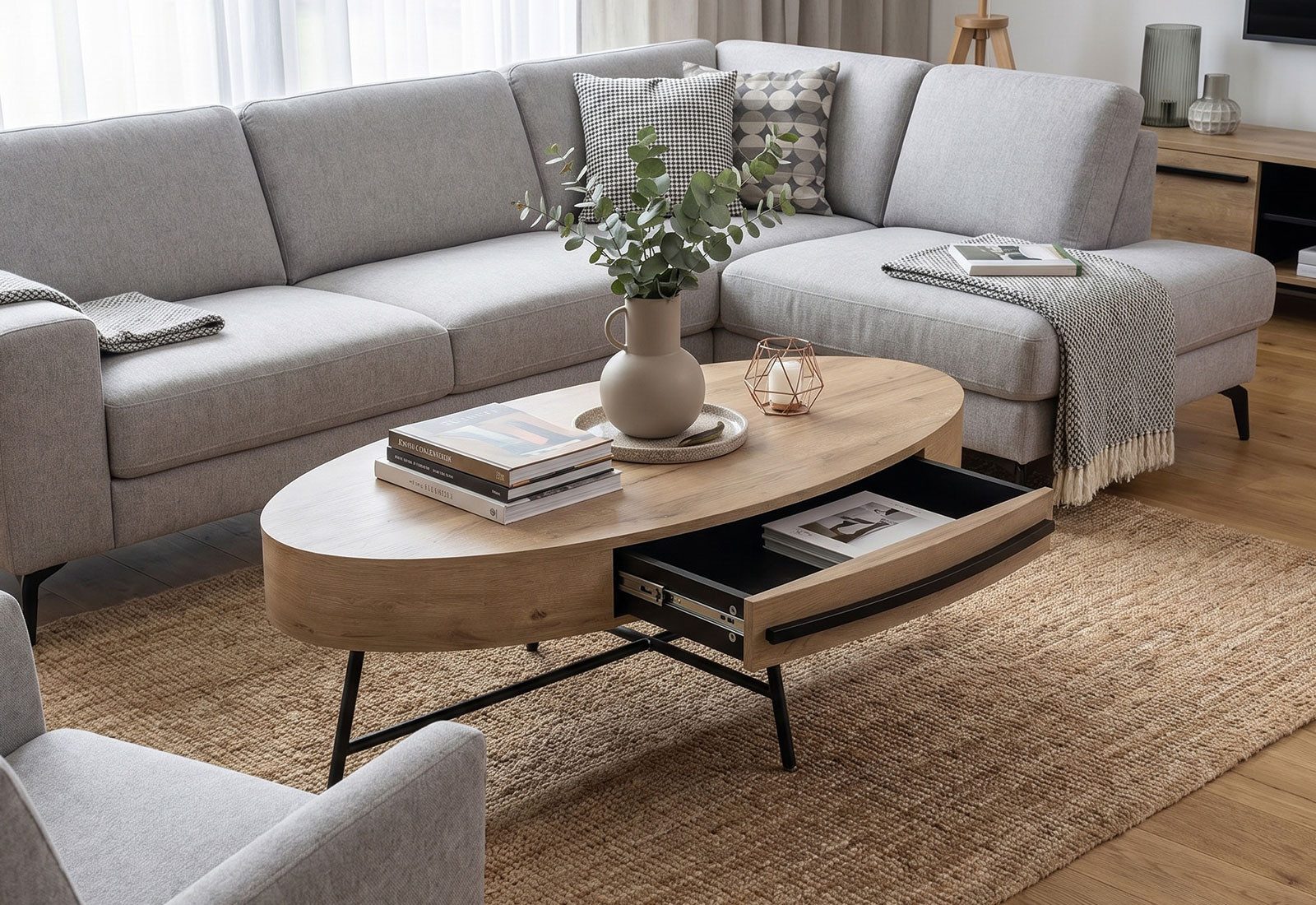 Feldmann-Wohnen Couchtisch Carolina (ovale Tischplatte mit Schubladen, 1-St., moderne Optik, ovale Tischplatte, Metallgestell, Holzoptik), 120x60x41cm Eiche Gold schwarz