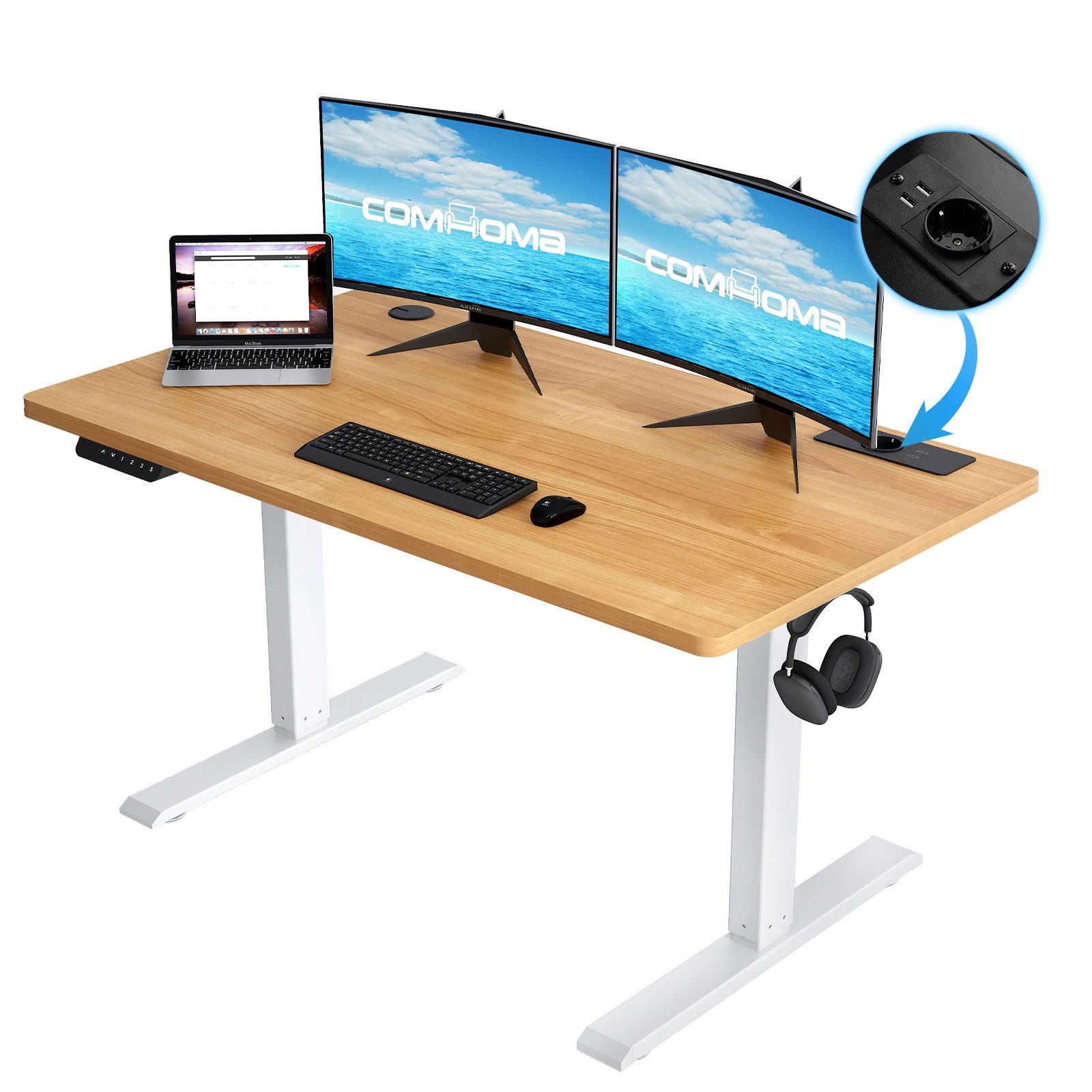 GTPLAYER Schreibtisch Höhenverstellbarer Computertisch elektrisch, stufenlos, mit Steckdose und Haken