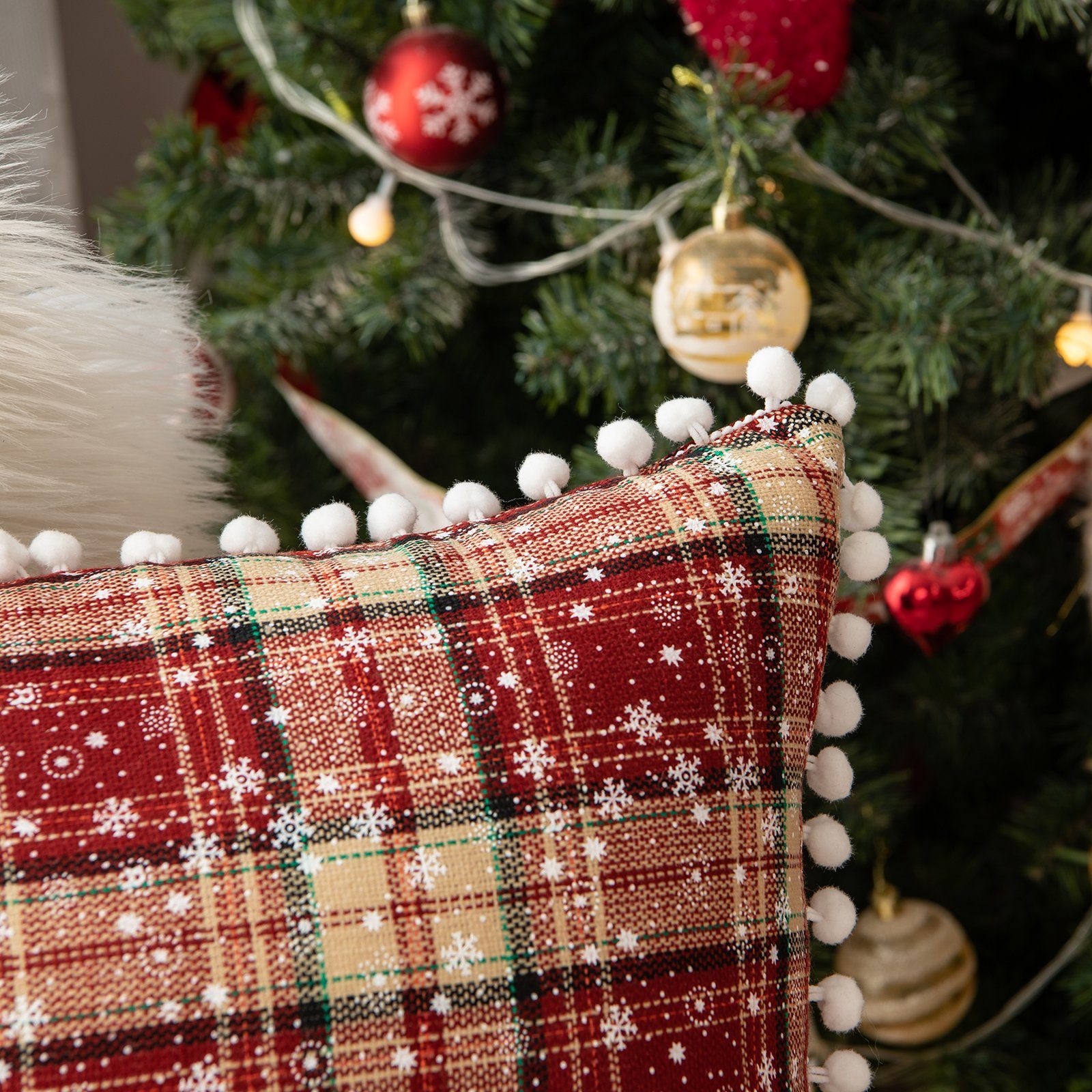 Sunicol Kissenbezug,45x45cm, Kissenbezug Sofa Throw Kissenbezüge Weihnachten Schneeflocke+Pompon Party Deko Check&Schneeflocke (2 Stück),