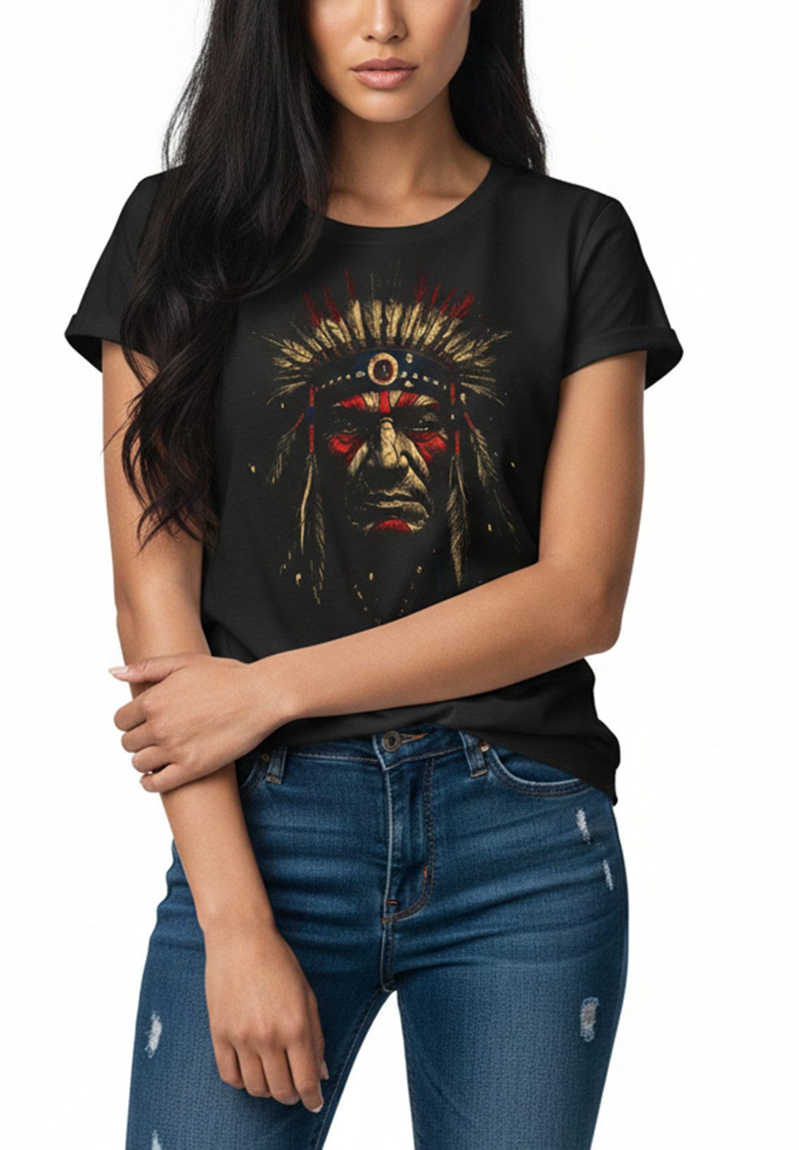 MAKAYA Print-Shirt Damen Native American Motiv Kurzarm Top mit Federn Vinta günstig online kaufen
