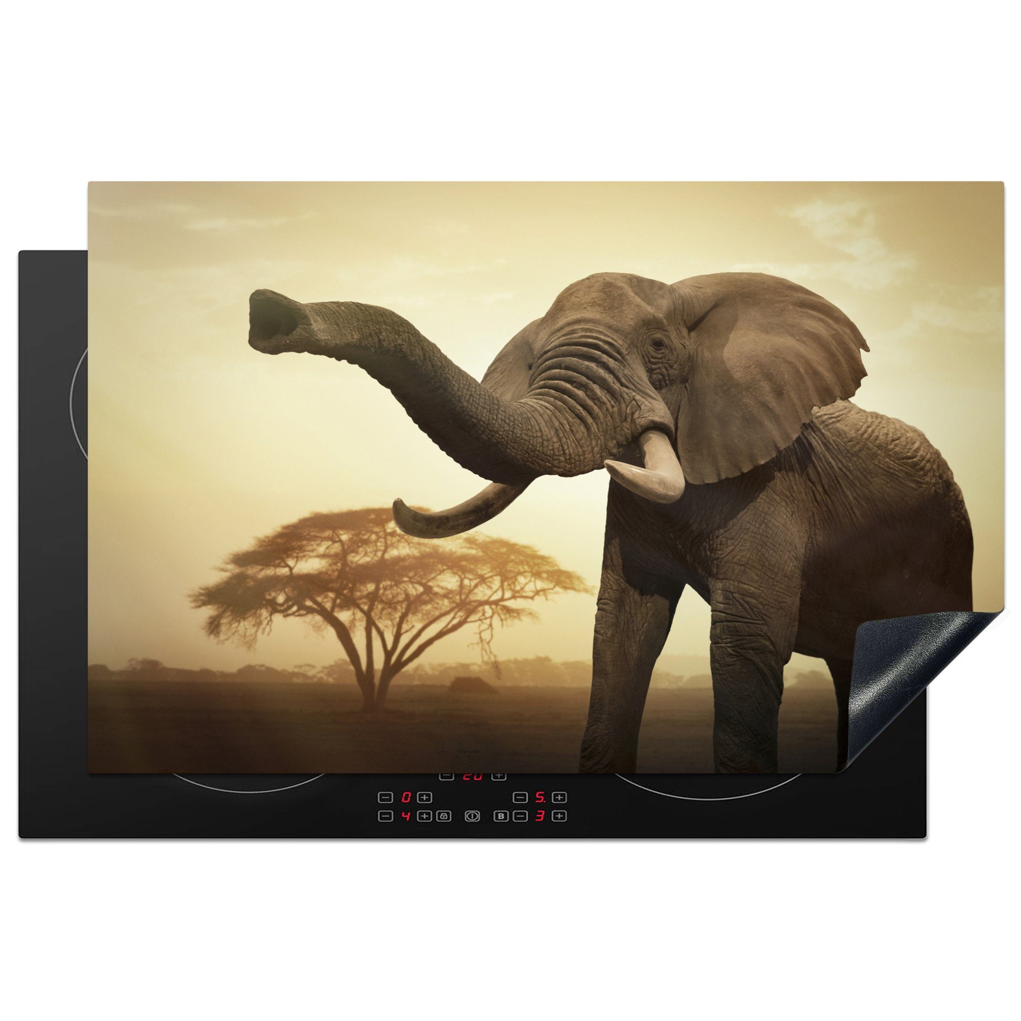 MuchoWow Herdblende-/Abdeckplatte Signalisierender Savannenelefant, Vinyl, (1 tlg), 81x52 cm, Induktionskochfeld Schutz für die küche, Ceranfeldabdeckung