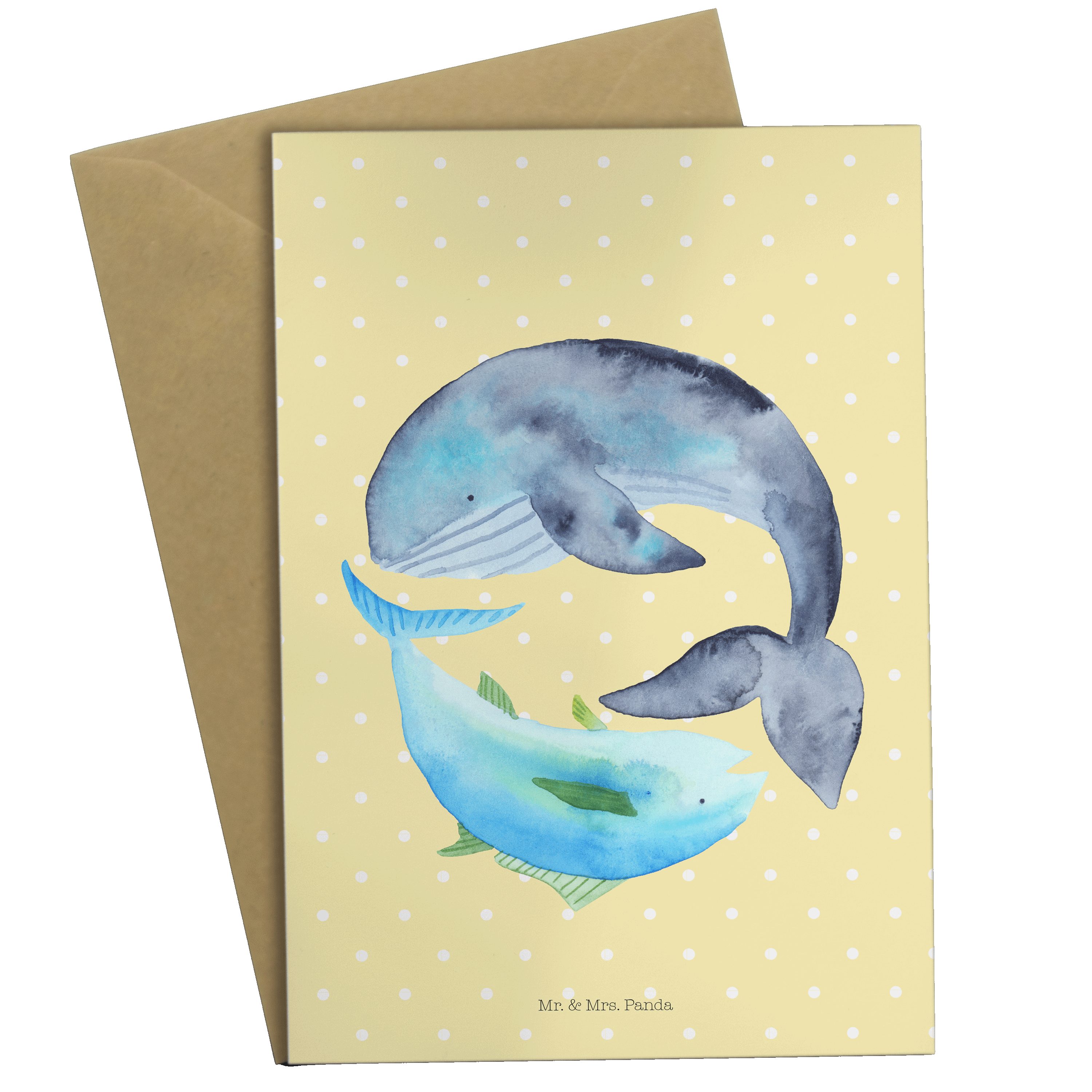 Mr. & Mrs. Panda Grußkarte Walfisch & Thunfisch - Gelb Pastell - Geschenk, Hochzeitskarte, Spruc