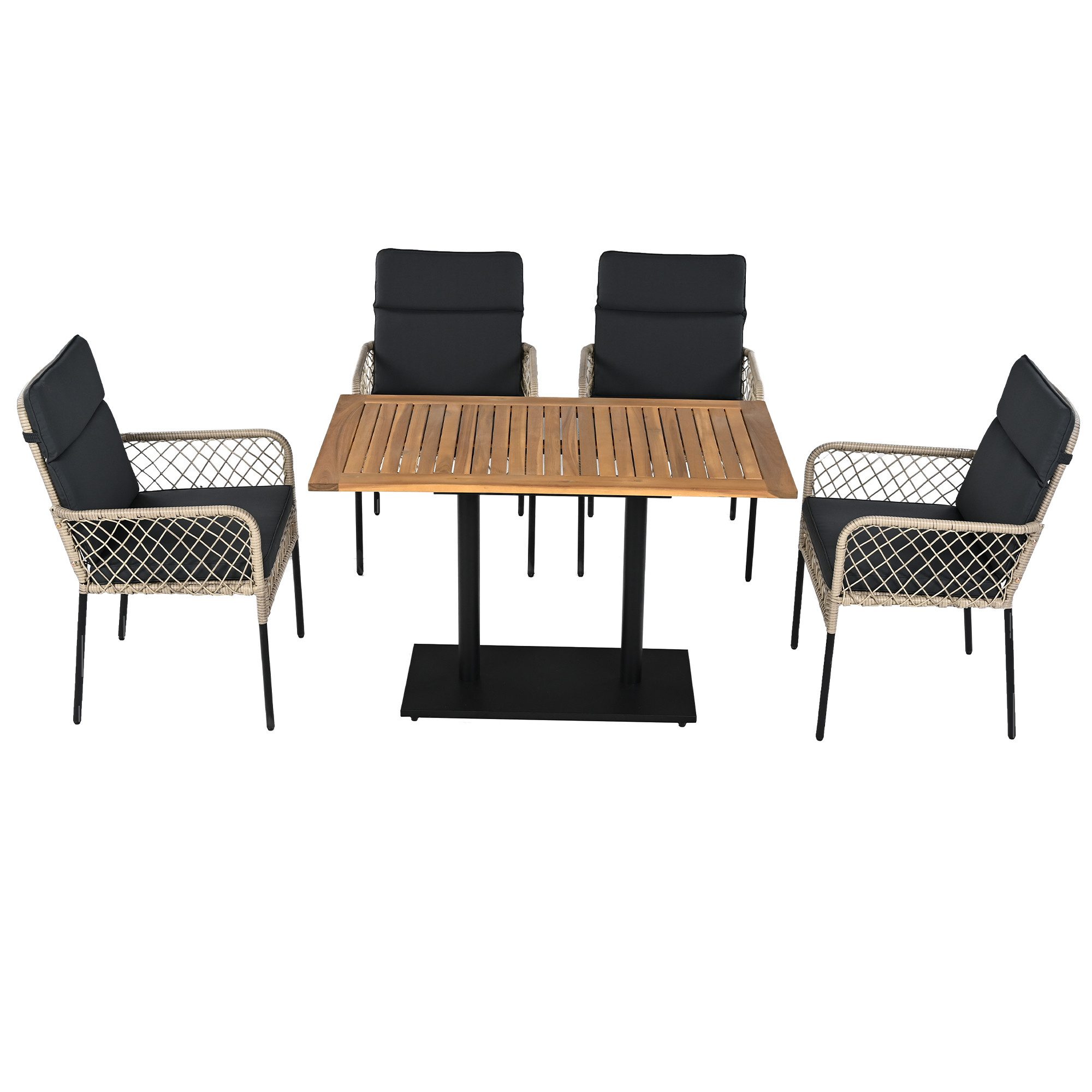 Flieks Gartenlounge-Set, 4-Sitzer Gartenmöbel Essgruppe Polyrattan mit Akazienholz Tischplatte