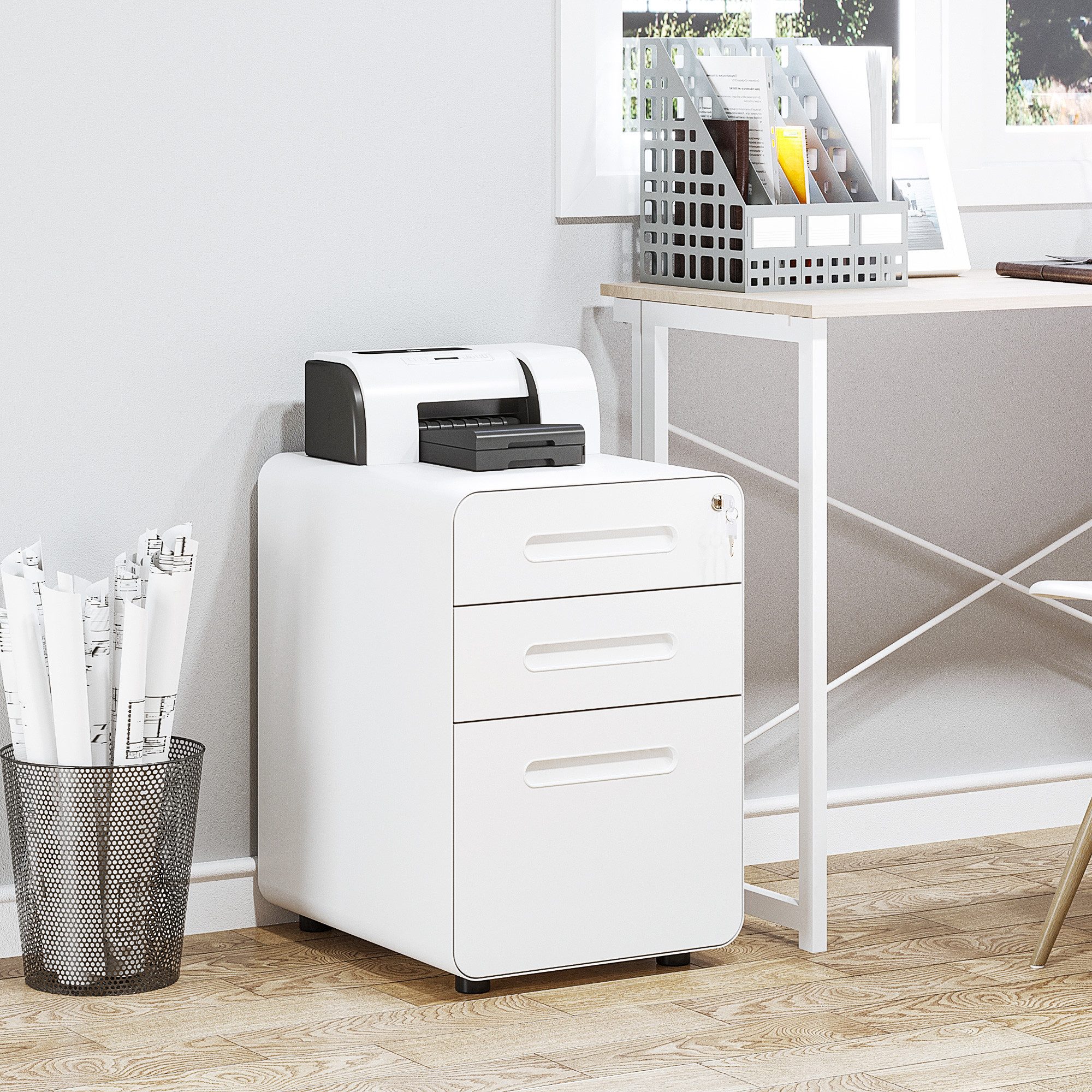 Vinsetto Rollcontainer 3 Schubladen Aktenschrank abschließbar, Hängeregistratur Stiftfach, (Büroschrank, 1 St., Aktenschrank), Stahl, Weiß, 39 x 48 x 59 cm