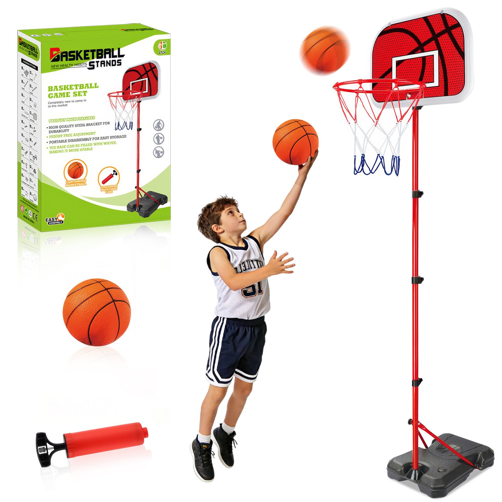 BlingBin Basketballkorb 83-180cm Basketballständer Kinder mit Ball & Pumpe, Indoor/Outdoor (1er Set, 1-St., 1 Stück), Höhenverstellbar Basketball Hoop für Jungen Mädchen ab 3-8 Jahren