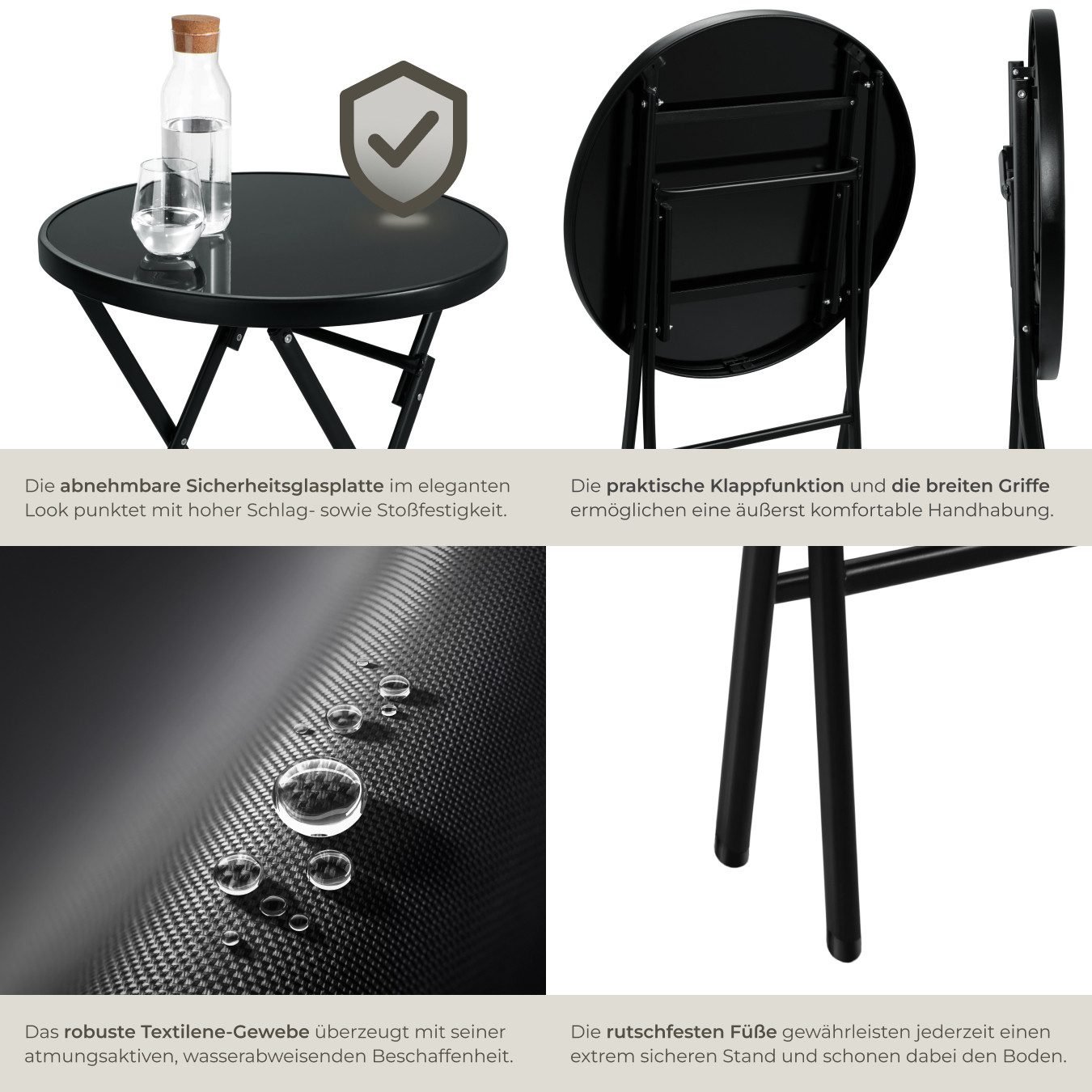 tectake Essgruppe Bistro-Set für 2 Personen, Tisch mit Sicherheitsglasplatte, (Gartenmöbel Düsseldorf, 3-tlg., in schwarz), klappbar, widerstandsfähig, UV-bestä – Bild 5 von 5