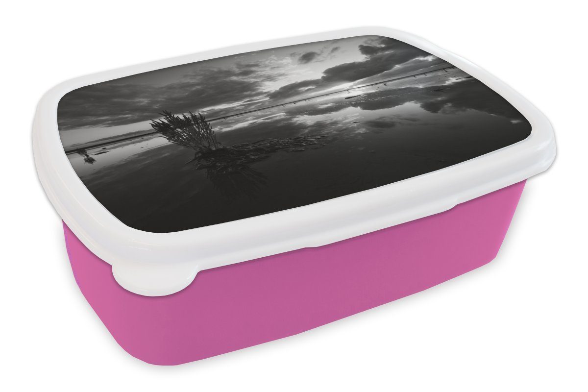 MuchoWow - Brotbox - Kunststoff, - Wattenmeer Mädchen, Pflanze, Weiß rosa Kunststoff Brotdose (2-tlg), für Erwachsene, Kinder, Lunchbox Snackbox, Schwarz