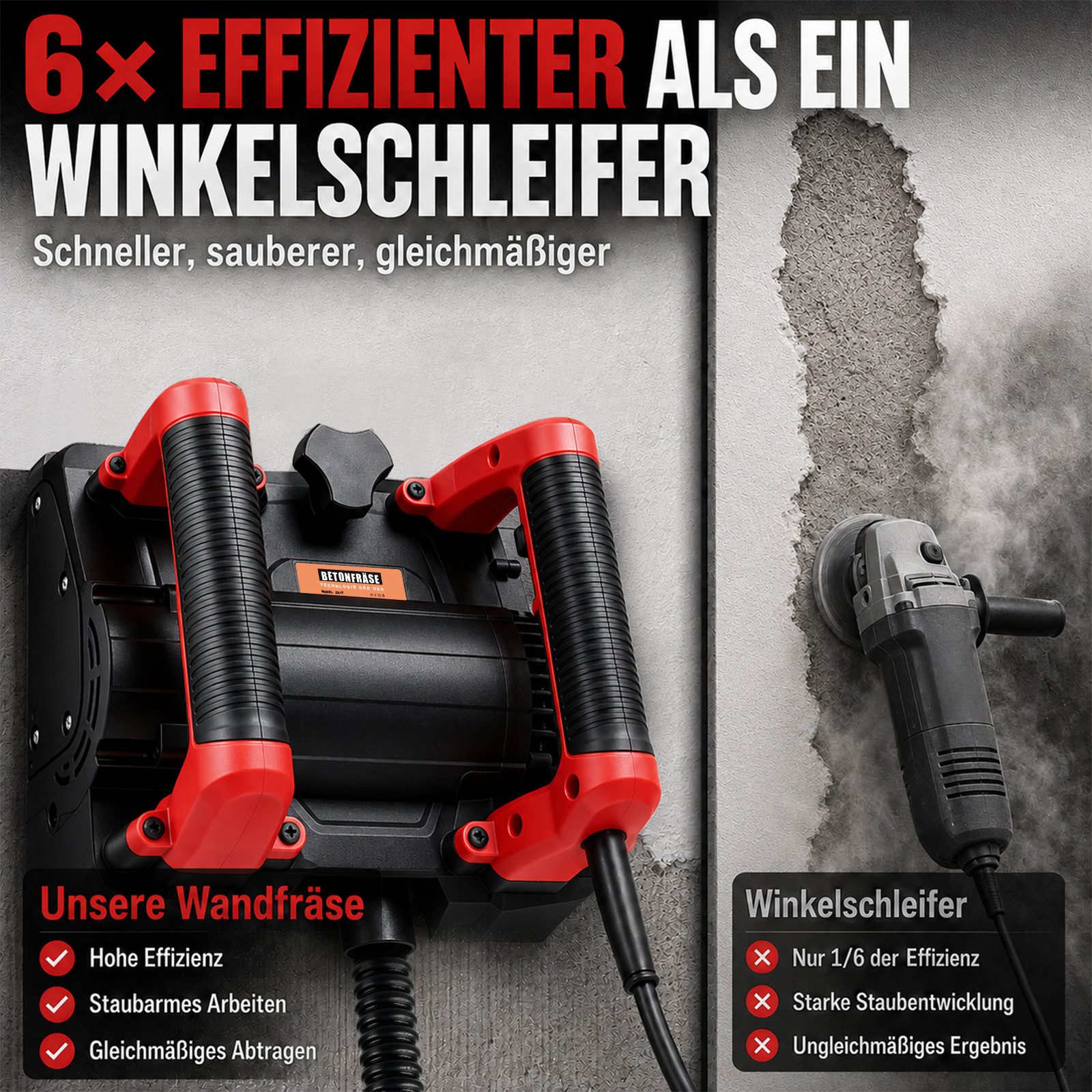 XIIW Winkelschleifer Betonfräse 1-4mm Hobeltiefe, 1600W Walzenfräse Putzfräse Mauerfräse, max. 4000 U/min, (Sanierungsfräse Betonschleifer Walzen Schleifer Fräs – Bild 3 von 5