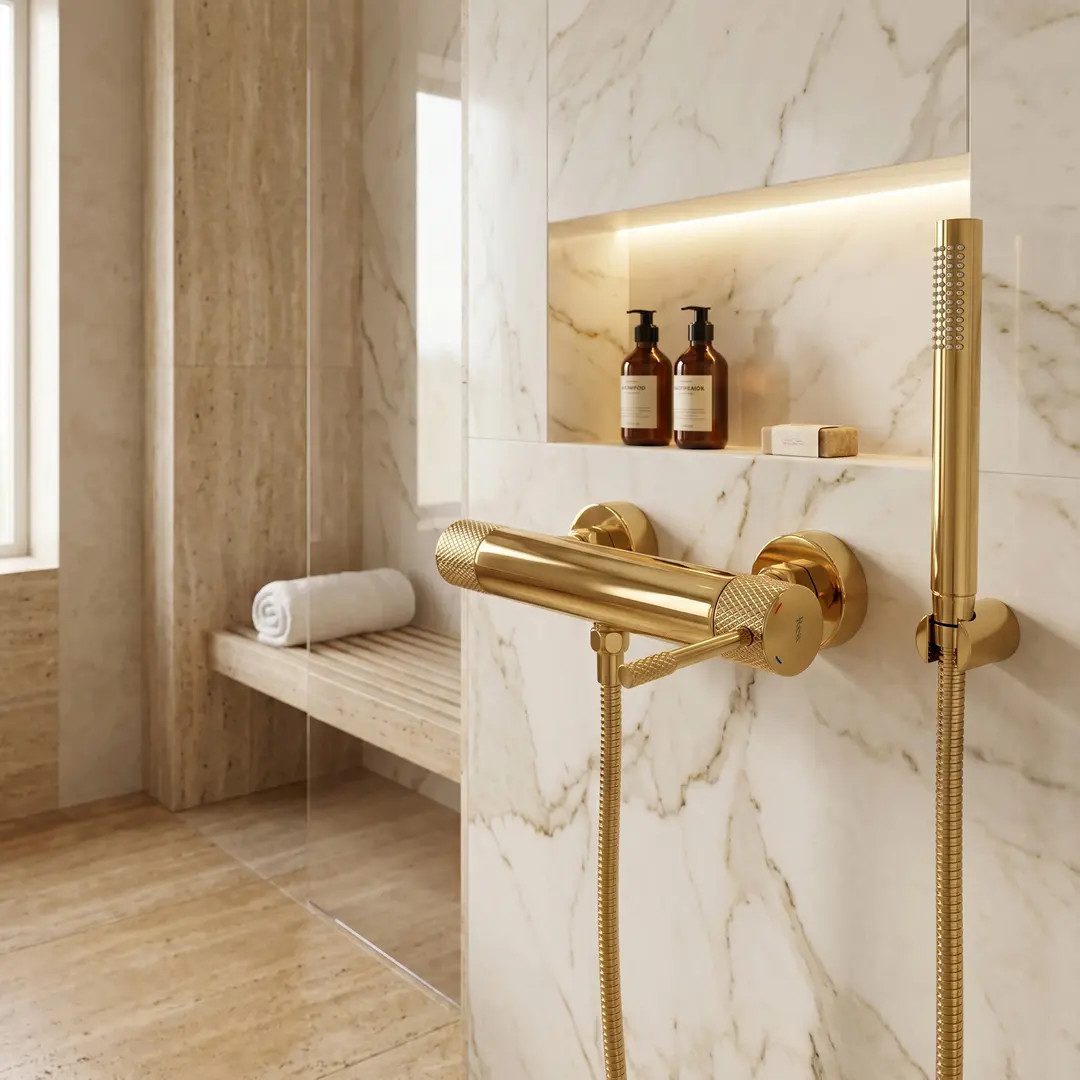 wohnwerk.idee Duscharmatur Dusche mit Handbrause Wandarmatur Dusch-Set, Gold Chrom Kupfer Matt Mischbatterie Badewanne, Messing, Keramikkartusche
