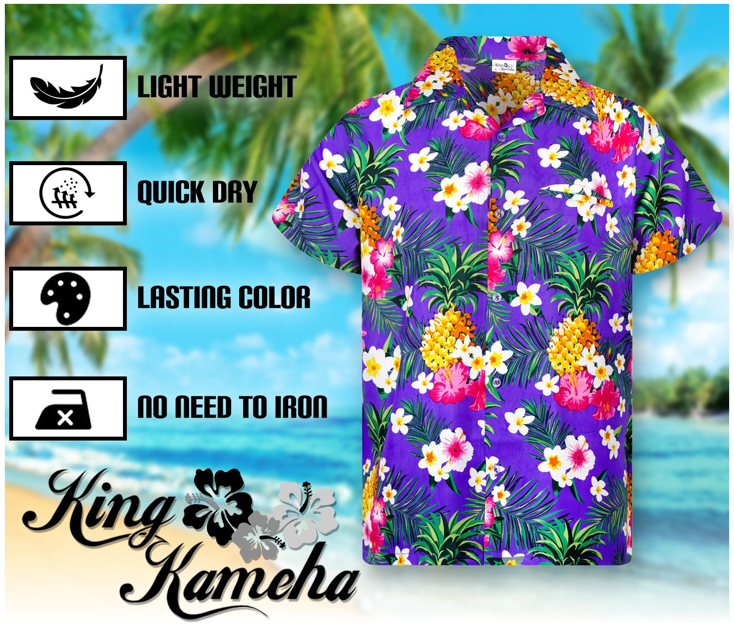 King Kameha Hawaiihemd Pineapple Flowers Funky Hawaii-Hemd Kurzarm Front-Tasche Unisex – Bild 5 von 5
