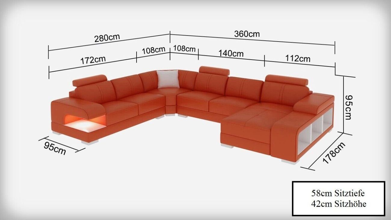 JVmoebel Ecksofa Ledersofa Modern Couch USB Sofa Ecksofa Neu Garnitur mit Design