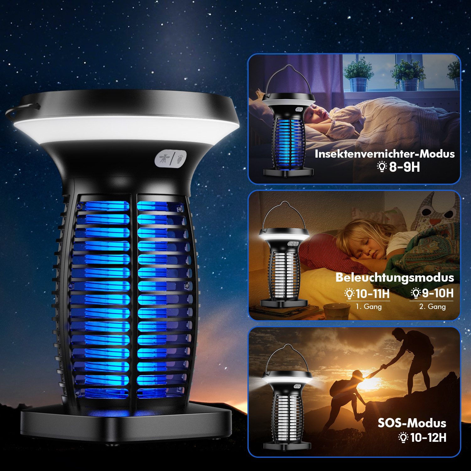 ANYSUN Insektenvernichter Elektrisch Akku mit LED Lampe, 3500 V Mückenlampe Innen, USB wiederaufladbar UV Mückenvernichter Lampe, Einfache Reinigung