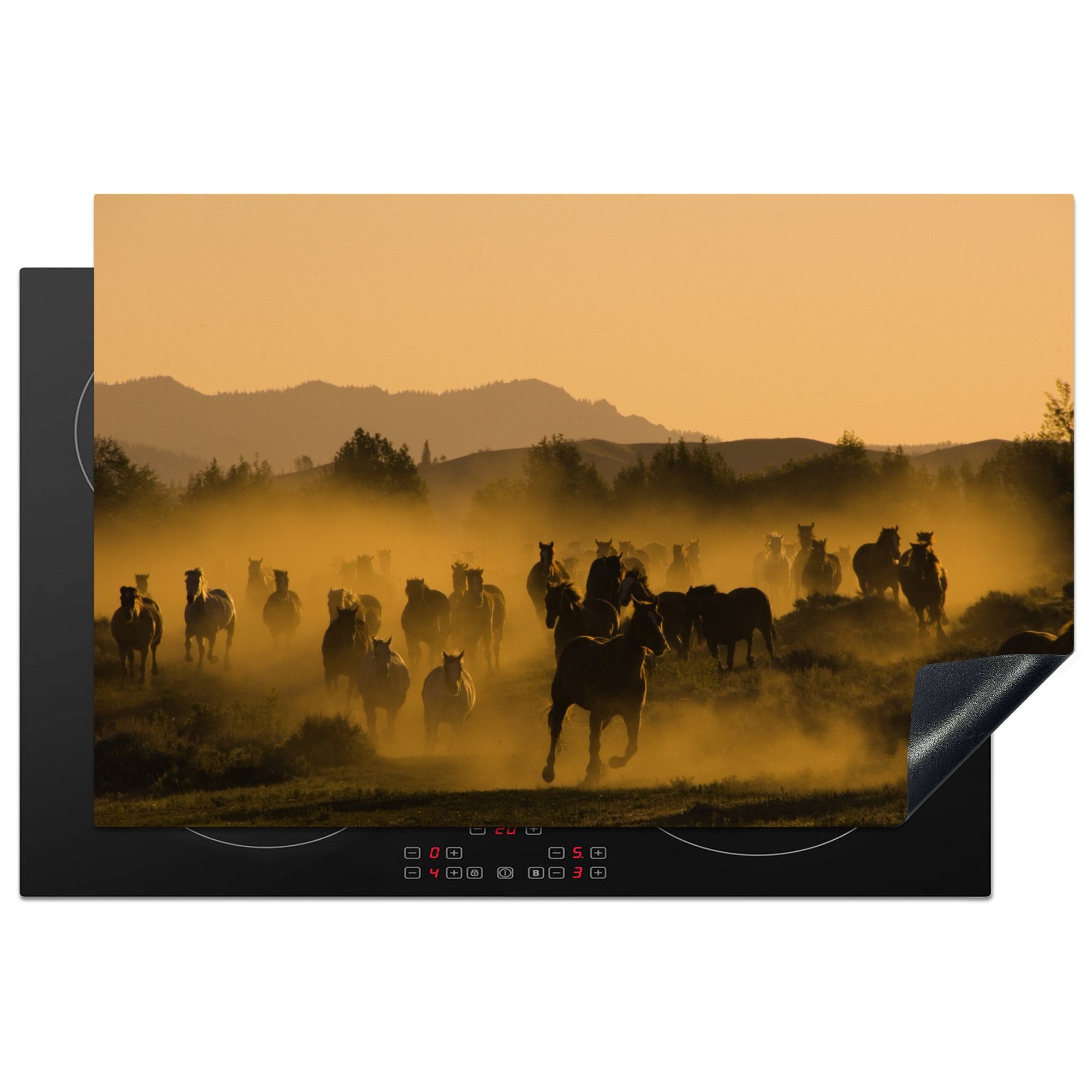 MuchoWow Herdblende-/Abdeckplatte Pferde - Nebel - Orange, Vinyl, (1 tlg), 81x52 cm, Induktionskochfeld Schutz für die küche, Ceranfeldabdeckung