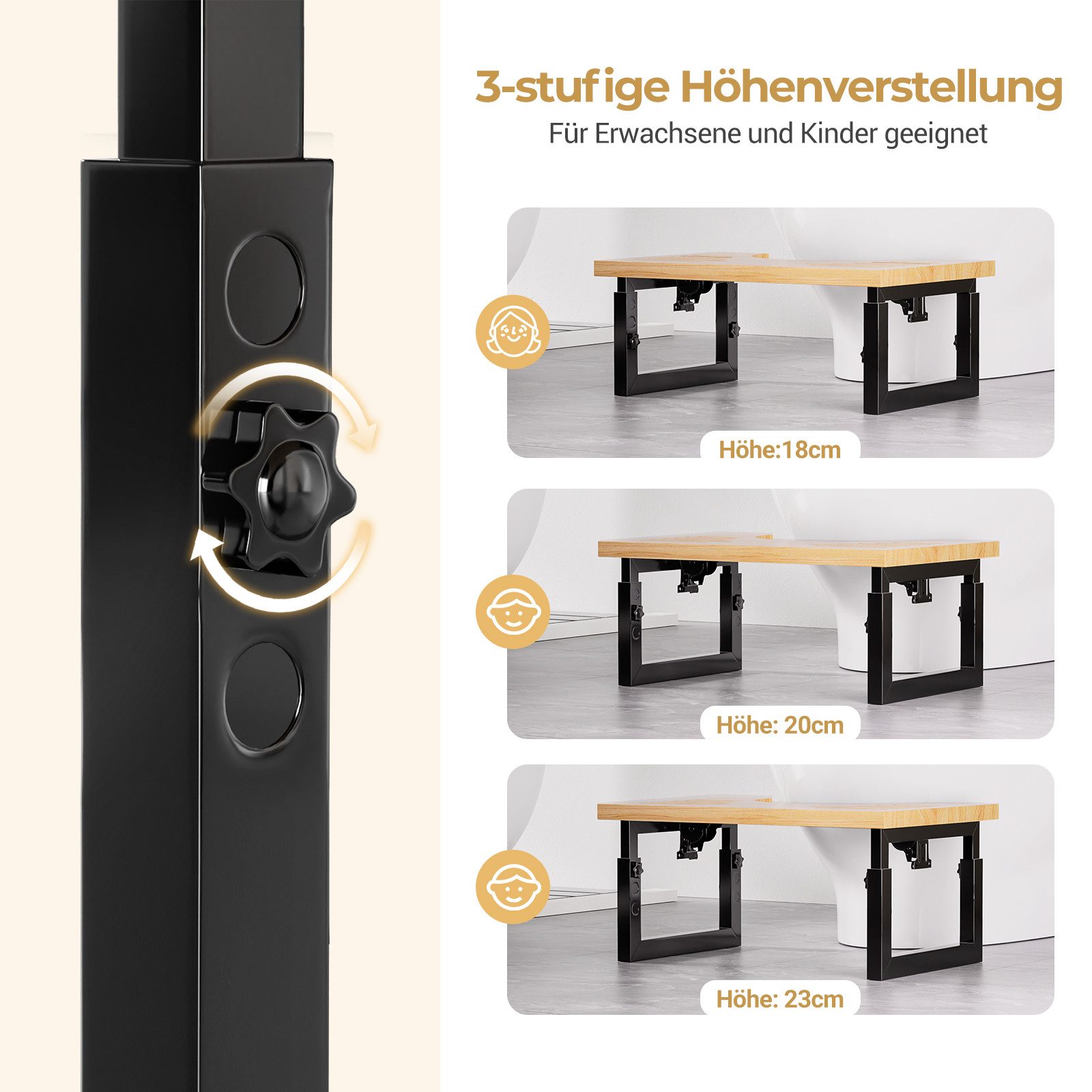 Yorbay Badhocker Bambus Toilettenhocker mit Klappfunktion, 3-Stufen Höheneinstellung, Rutschfeste Oberfläche