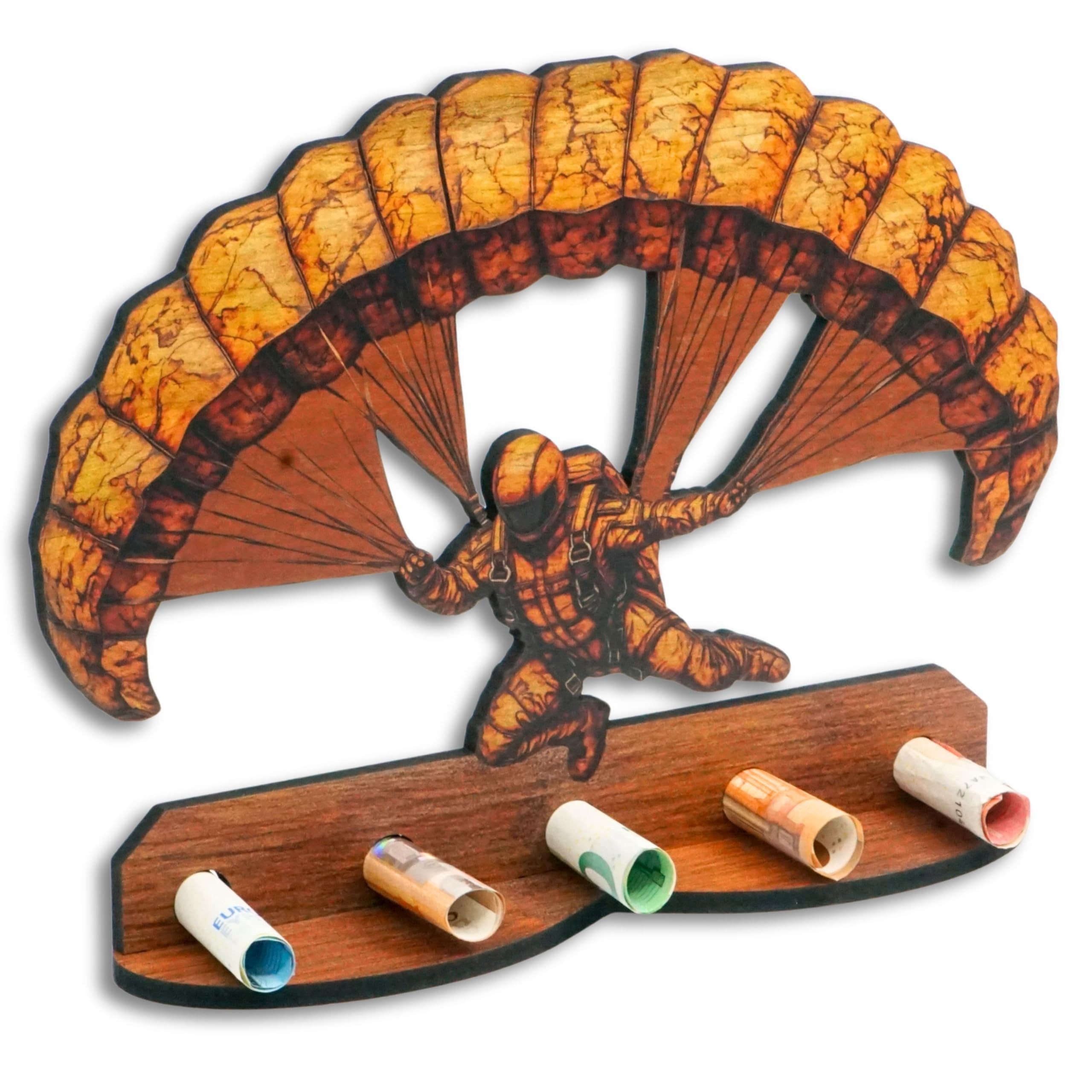 DARO Design Dekoobjekt Geldgeschenk Motiv Holzoptik mit Ständer Geschenkverpackung (Dekoration, Fallschirm – Geldscheinhalter), 28 cm breit, 6 mm HDF