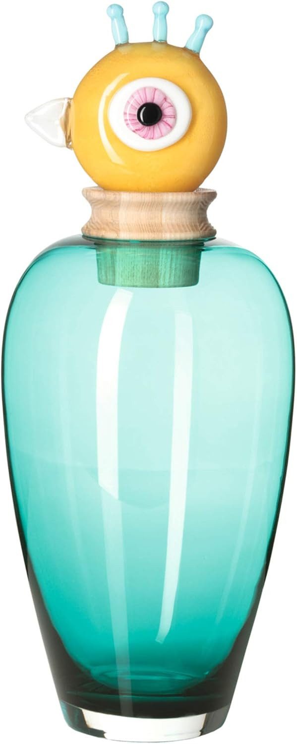 LEONARDO Dekovase aus türkisem Glas 45 cm handgefertigt mit Holz Vogel (Einzelstück, 1 St., mit Holzaufsatz), Große Design Dekovase 45 cm türkises Glas Papageno Stil handgemacht