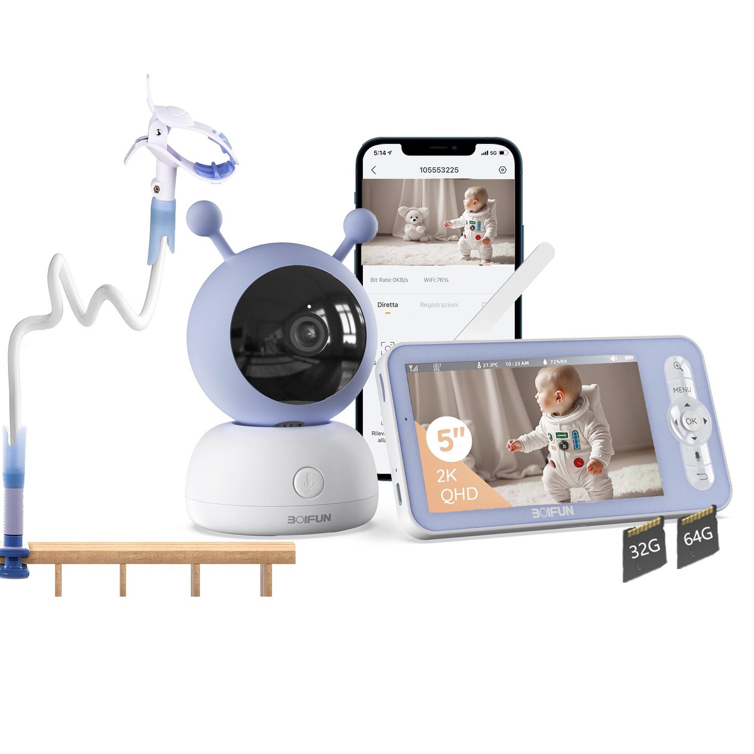 Video-Babyphone Babyphone mit Kamera 5 Zoll, 1080P HD-Video Babyphone PTZ
