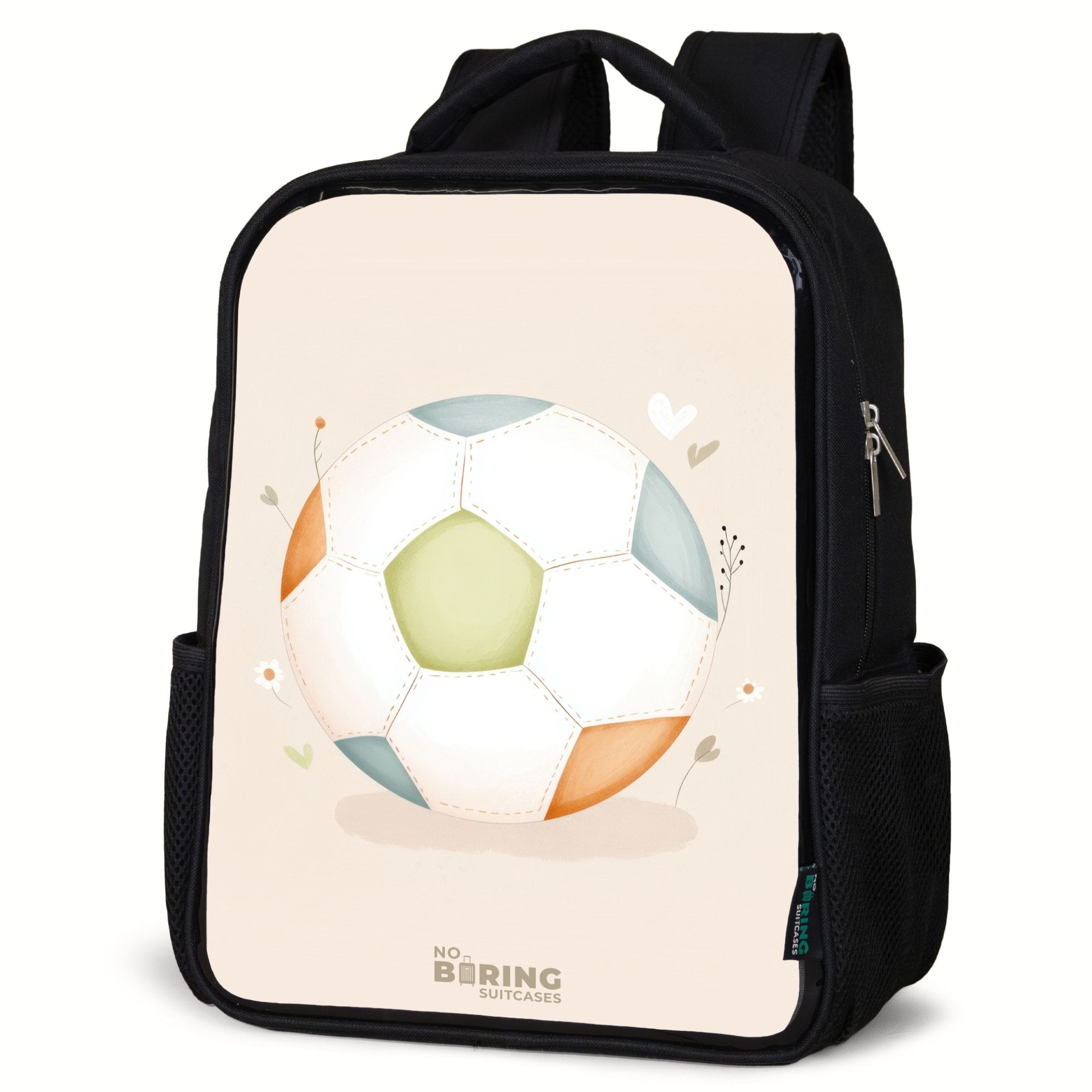 NoBoringSuitcases.com© Rucksack Fußball in beigefarbenen Pastellfarben, Kinderrucksack Schwarz, Schulrucksack, Freizeitrucksack Jungen Mädchen