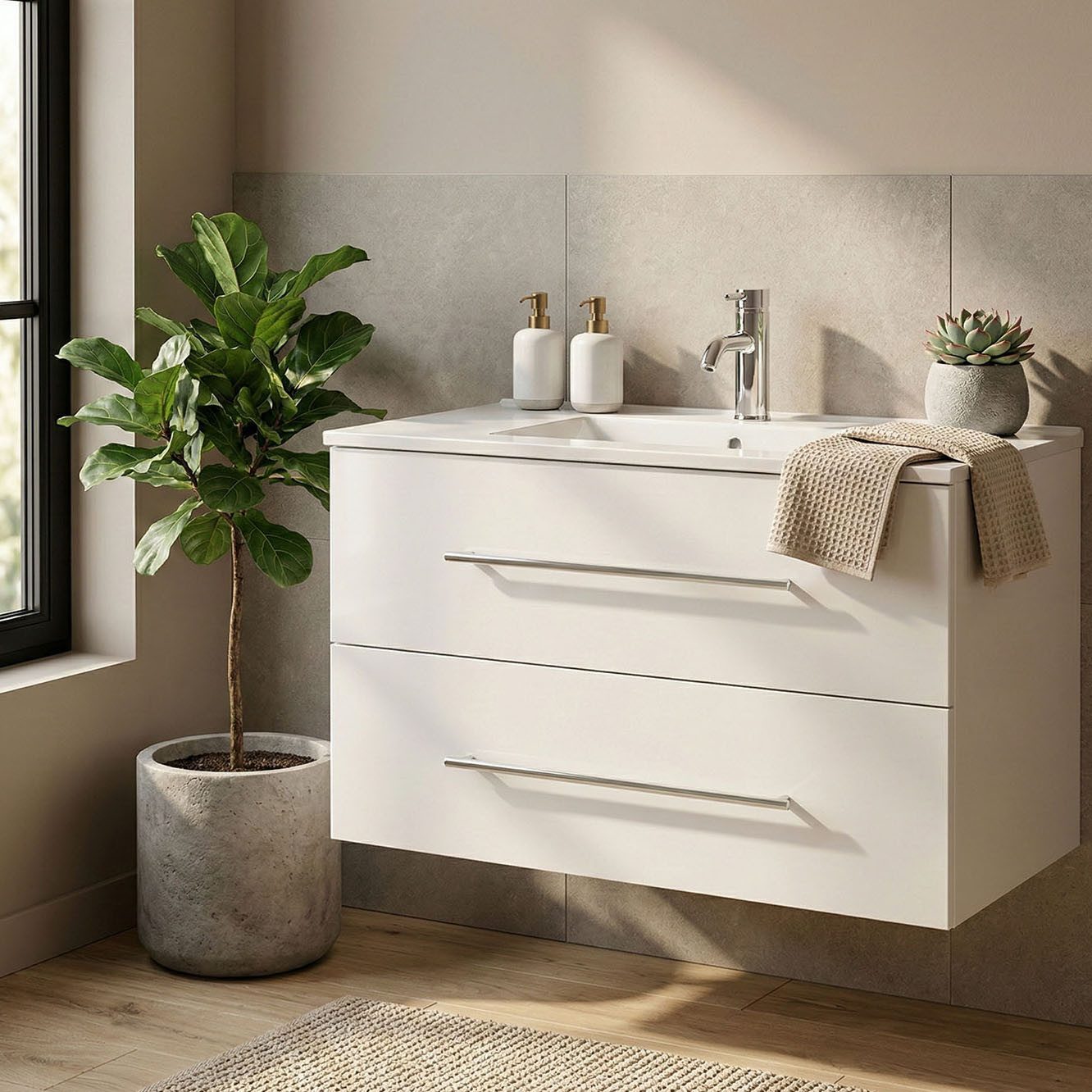 Lomadox Waschtisch HARLINGEN-02, 90cm breit, Keramikwaschbecken, weiß Hochglanz