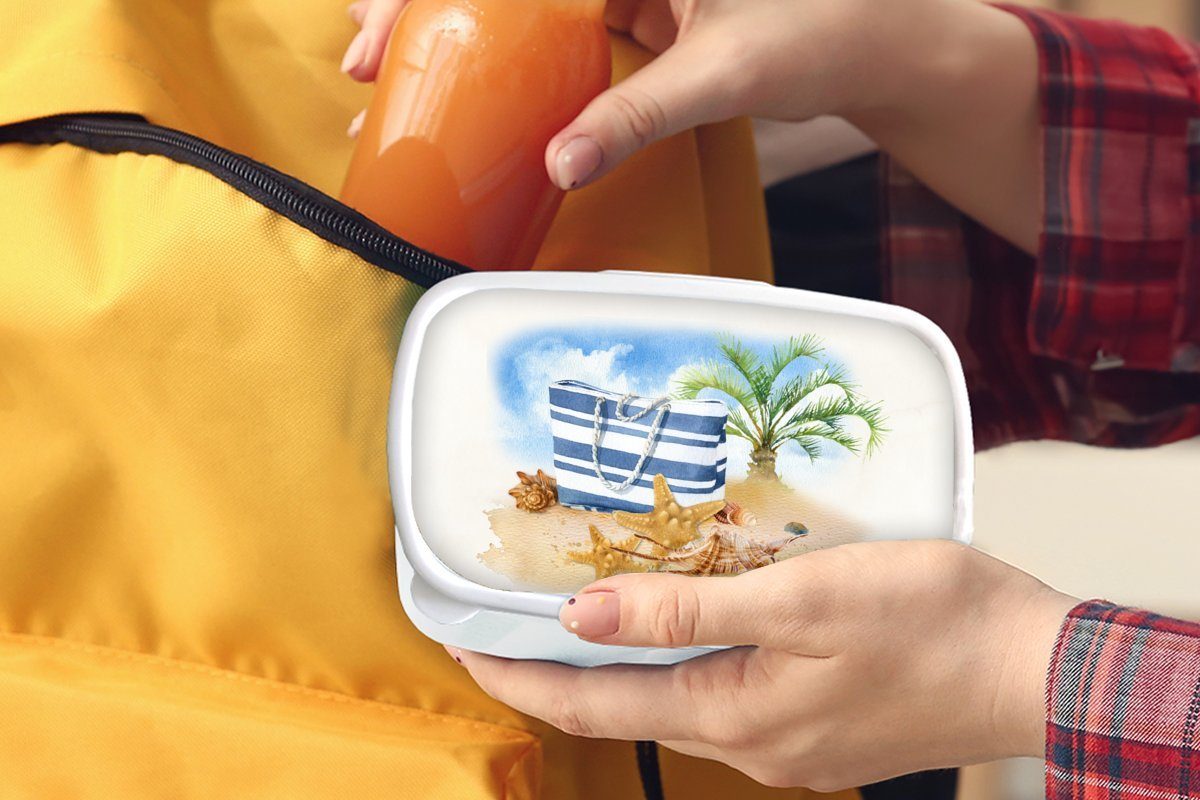MuchoWow Lunchbox Palme - Mädchen Kunststoff, Tasche und Brotdose, und Kinder Muscheln, Brotbox (2-tlg), Erwachsene, - weiß Jungs für für
