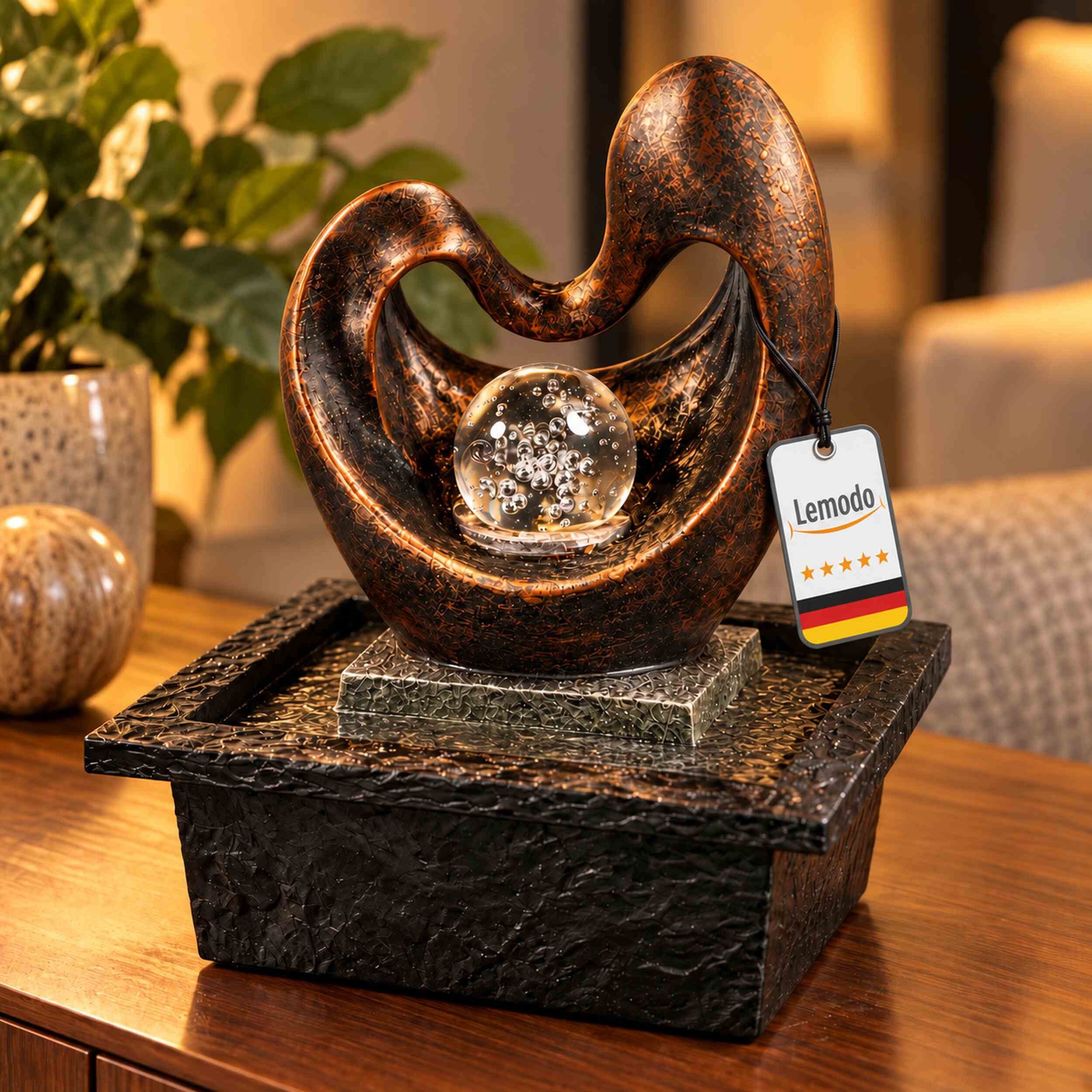 Lemodo Zimmerbrunnen in Herzform mit rotierender Glaskugel und LED-Licht, rotierende Glaskugel mit LED-Beleuchtung