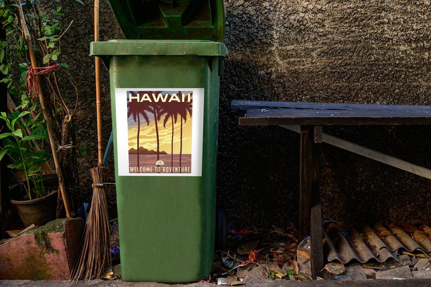 Abfalbehälter - Container, Hawaii - Mülleimer-aufkleber, Palme MuchoWow (1 St), Jahrgang Sticker, Mülltonne, Wandsticker