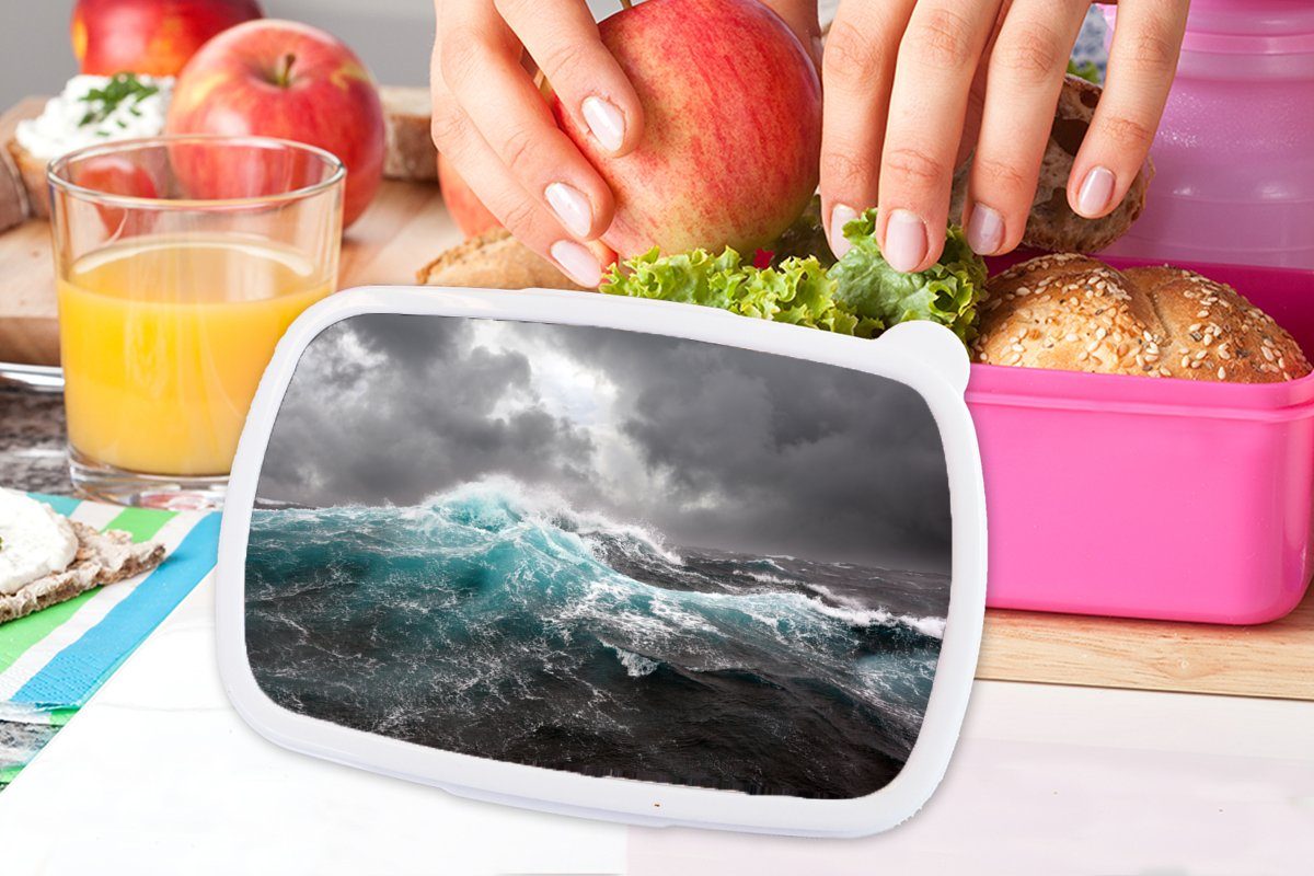 MuchoWow Lunchbox Ozean - Sturm Mädchen, Brotdose Kunststoff, Welle, Kunststoff - Erwachsene, Kinder, Snackbox, für (2-tlg), rosa Brotbox