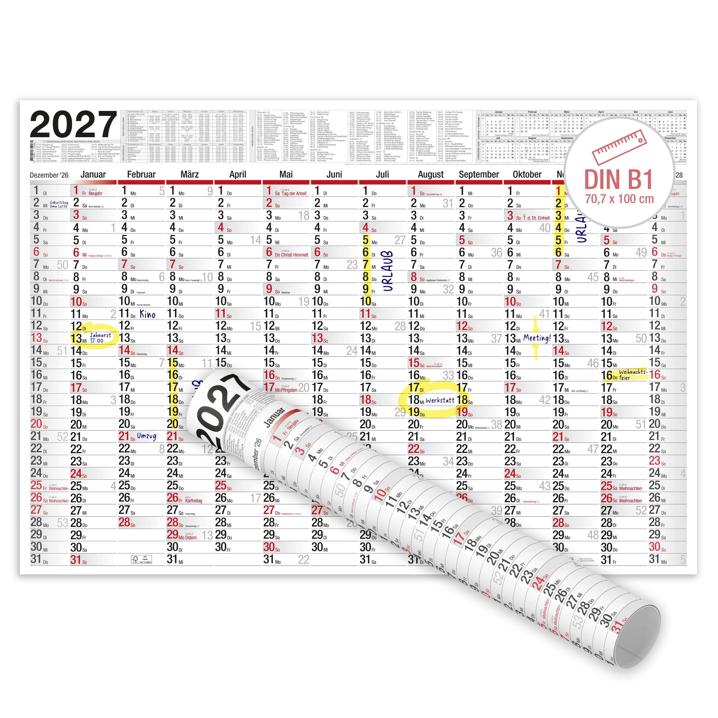 Wandkalender Wandkalender 2027 XXL B1 Gerollt 70x100 cm Jahresplaner