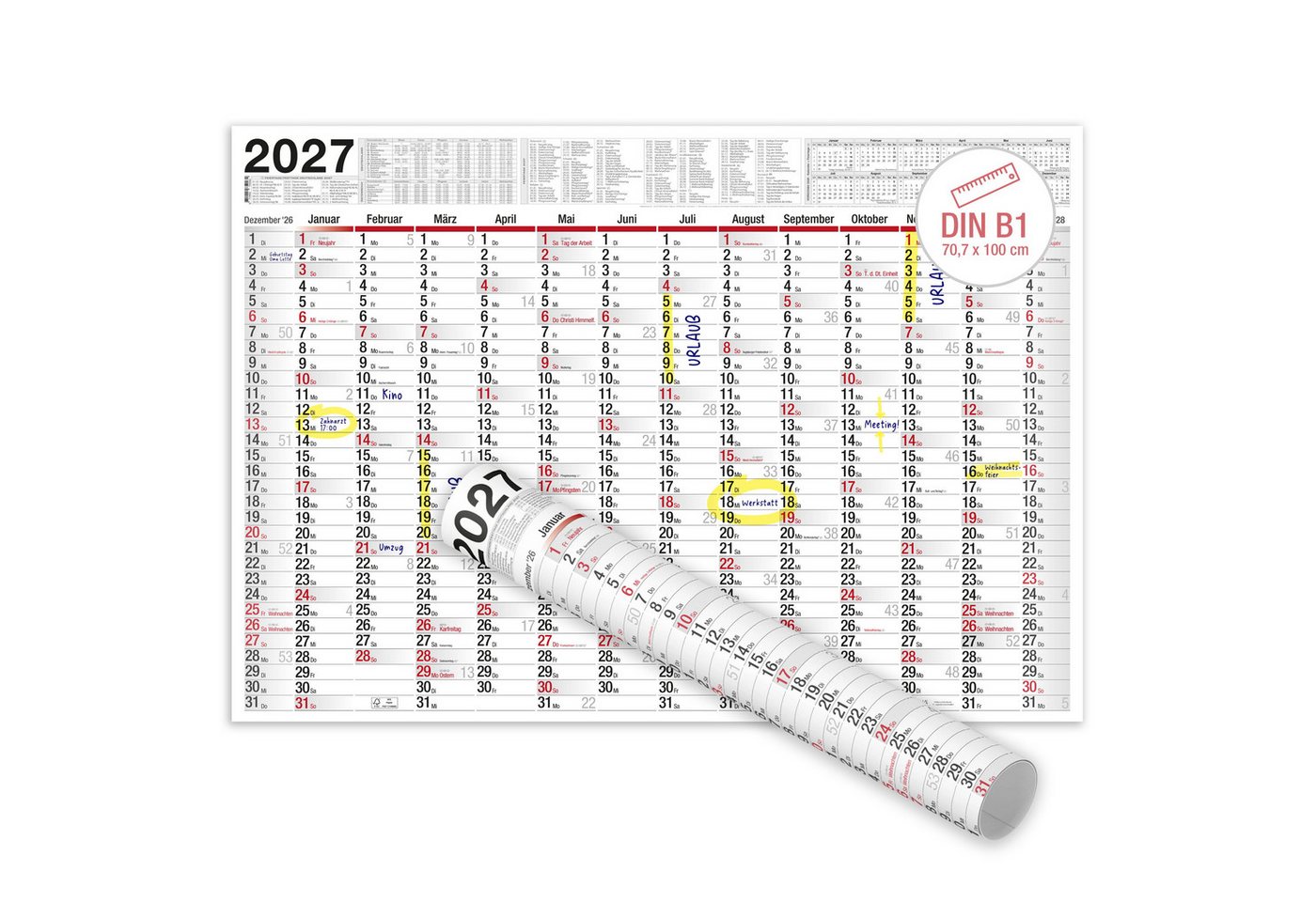 TOBJA Wandkalender Wandkalender 2027 XXL B1 Gerollt 70x100 cm Jahresplaner, 14 Monate, Ferien DE/AT, KW, FSC, gerollt