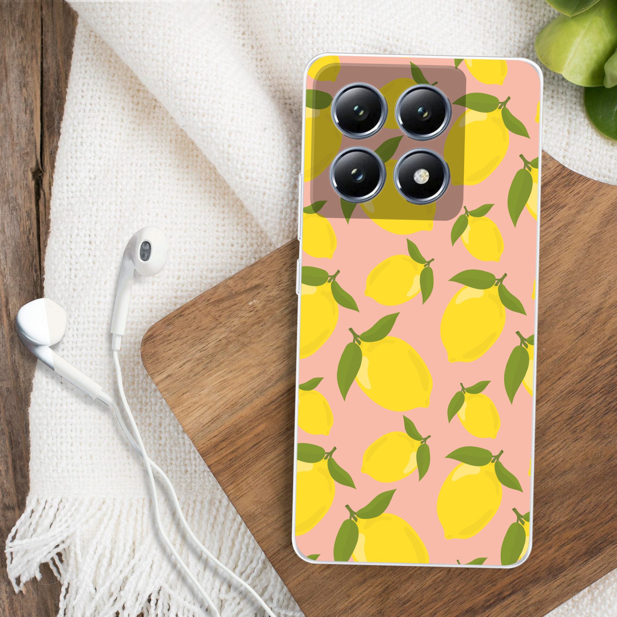 MuchoWow Handyhülle für Xiaomi 14T Zitronen - Gelb - Rosa - Muster - Obst, Handy Case, Silikon, Bumper Case Dünn