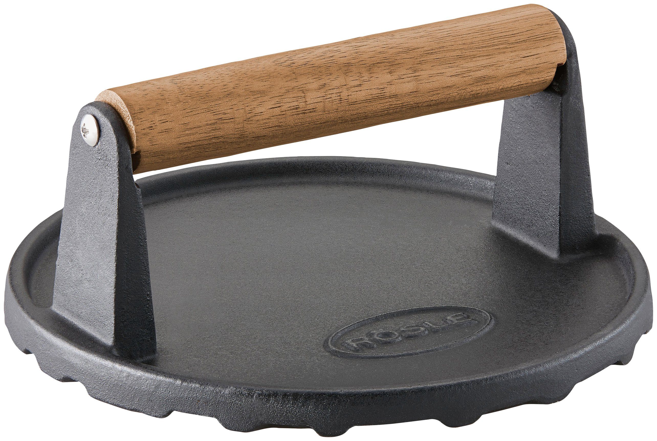RÖSLE Burgerpresse BBQ Gewicht, 25231, Gusseisen, Barbecue-Gewicht zum schnelleren Garen, Gusseisen, Holzgriff, 17,5 cm