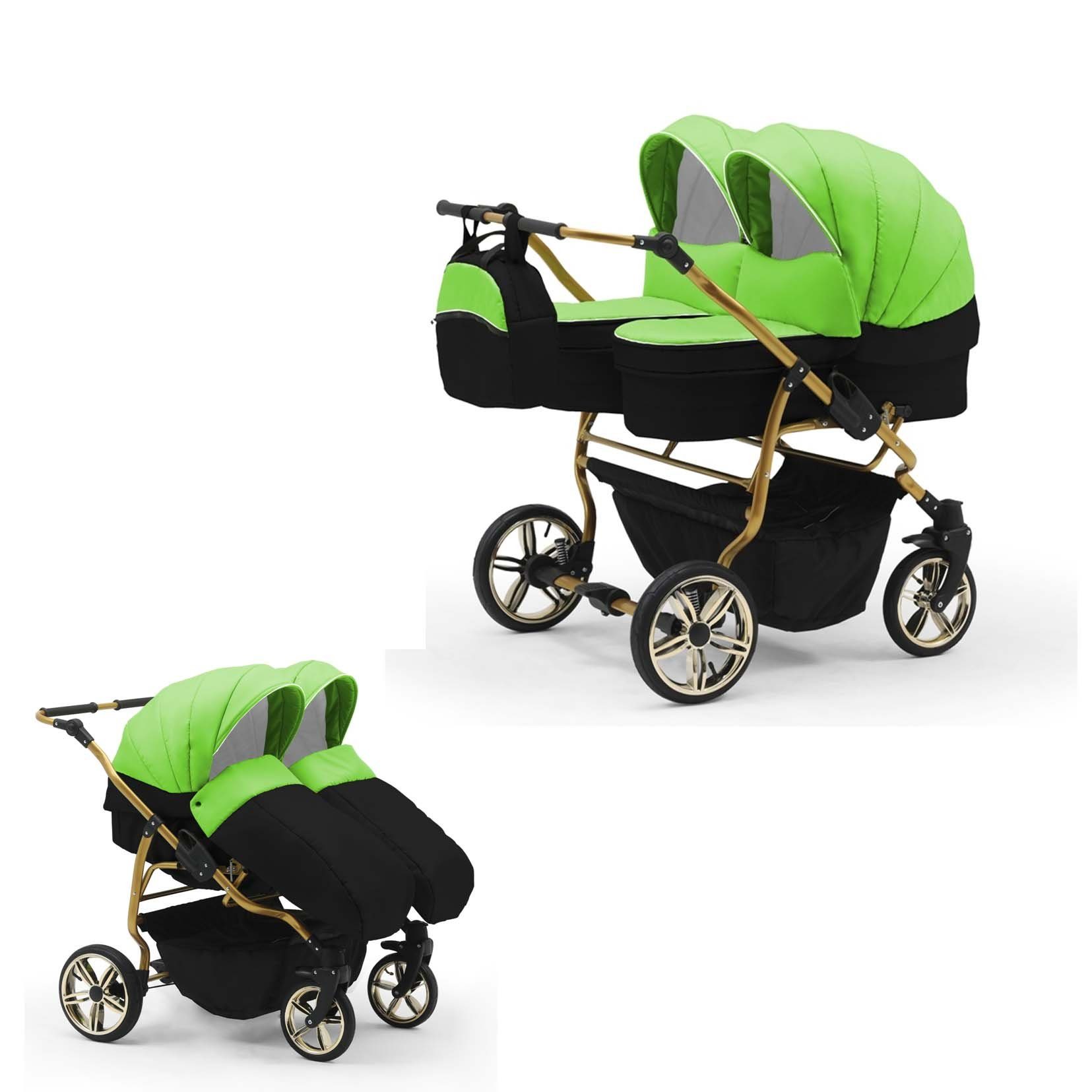 babies-on-wheels Zwillingswagen Zwillingskinderwagen 2 in 1 Duet Lux - 10 Teile - in 33 Farben Lime-Schwarz