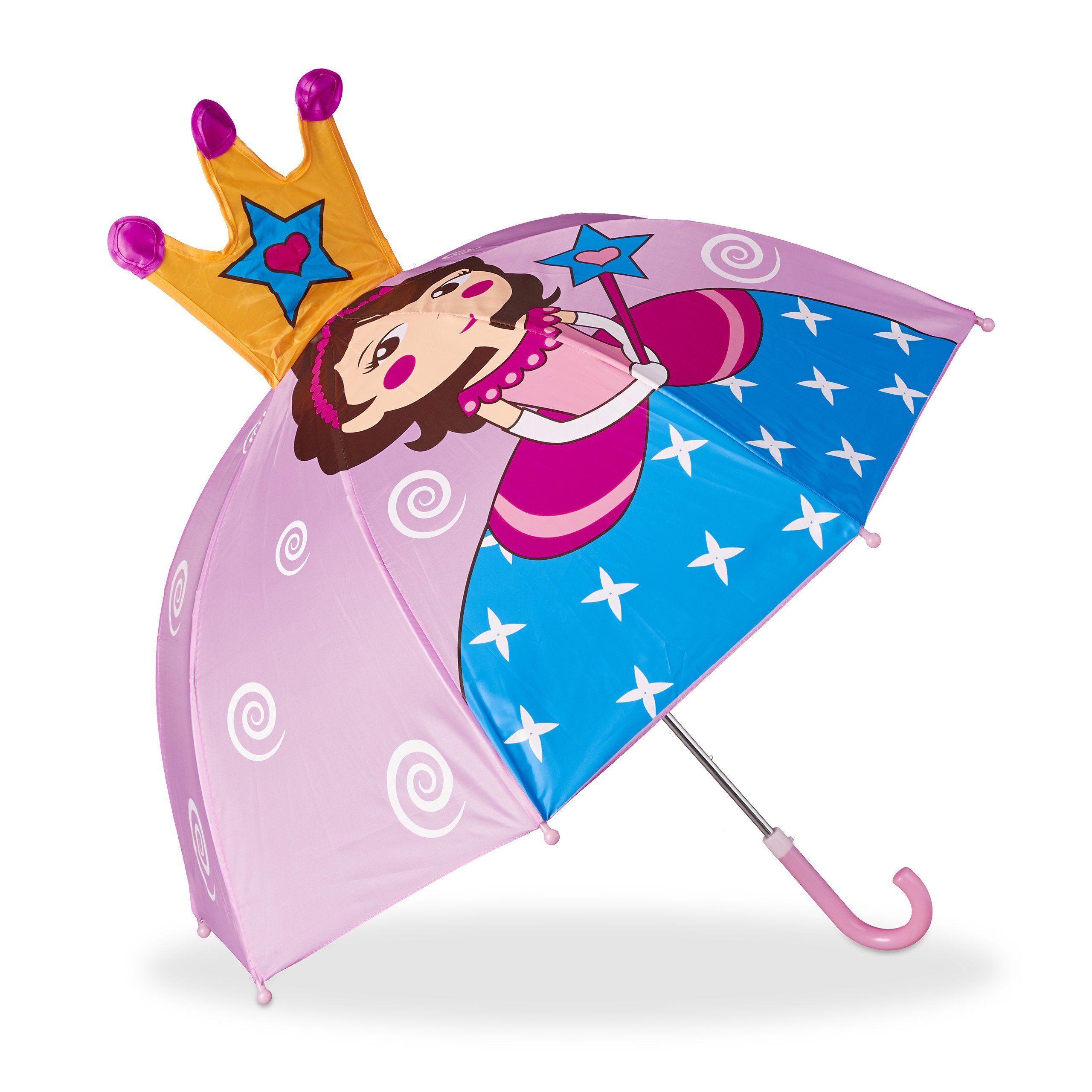 relaxdays Stockregenschirm Kinderregenschirm mit 3D Motiv, Prinzessin Rosa Hellblau Gelb