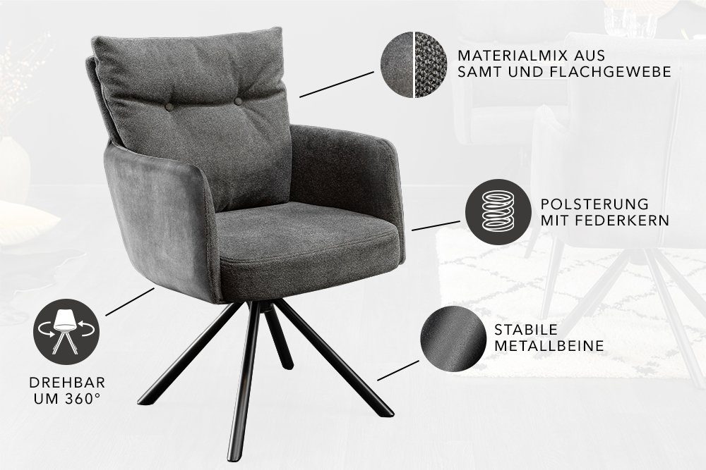 riess-ambiente Polsterstuhl BIG GEORGE anthrazit/schwarz– Samt & Strukturstoff, mit Federkern (Einzelartikel, 1 St), inkl. Armlehnen, Metall-Füße und 360° drehb – Bild 5 von 5