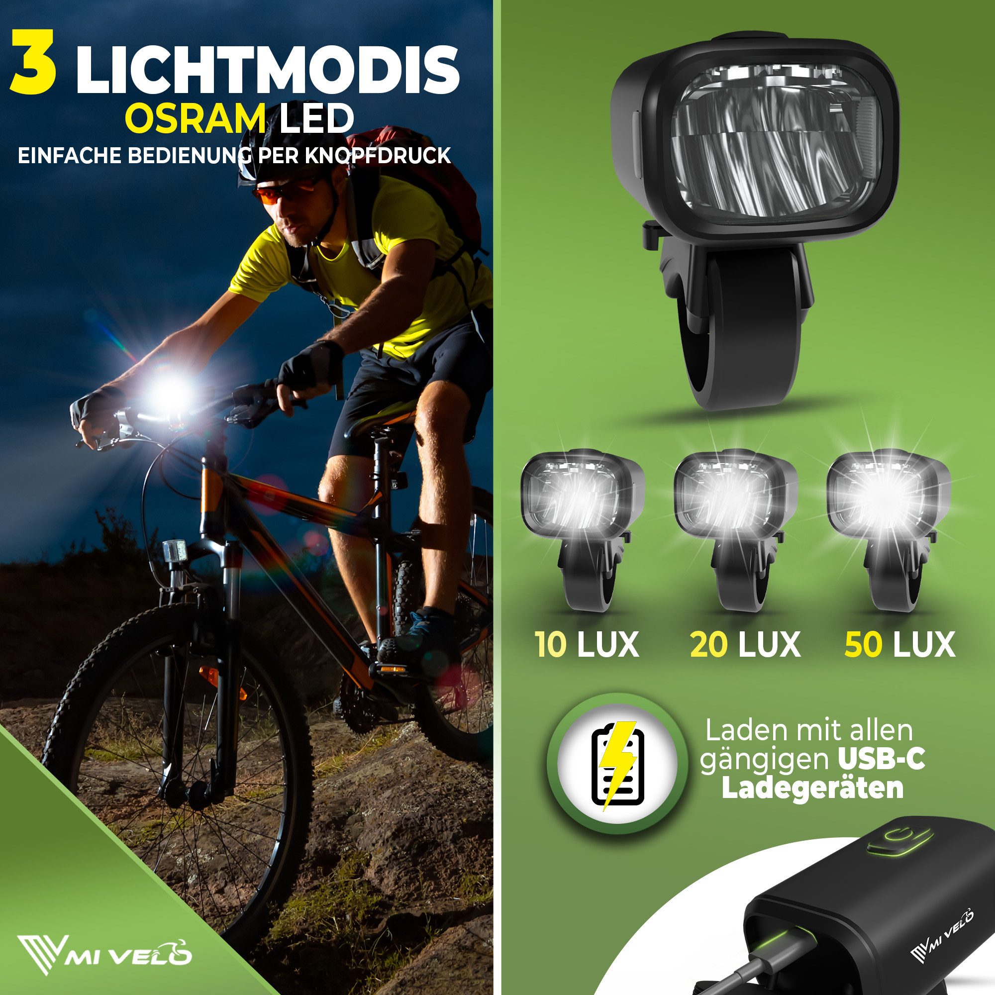MIVELO Fahrradbeleuchtung SPARK Fahrradlicht Set Akku USB aufladbar StVZO zugelassen wasserdicht, 50 Lux
