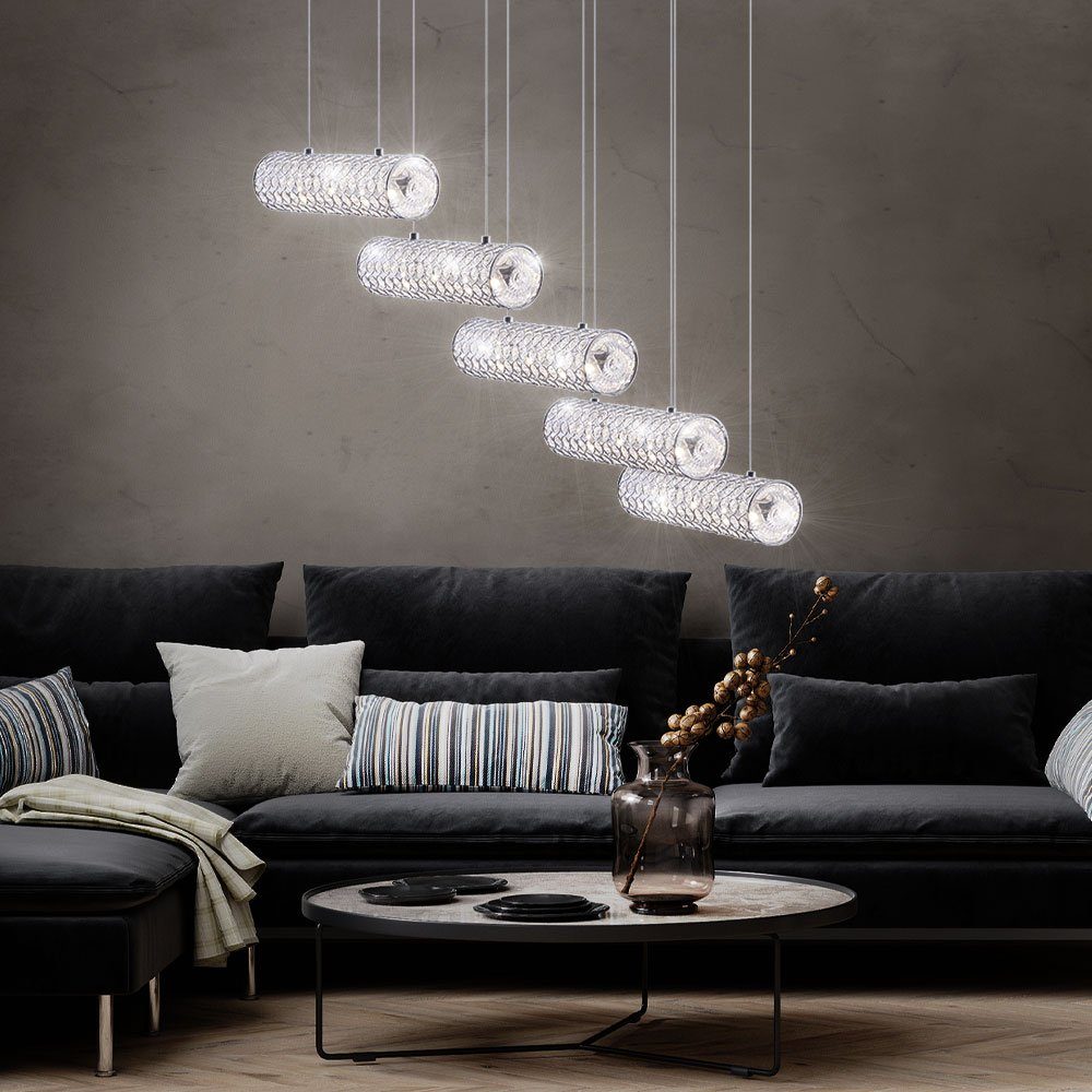 Globo LED Pendelleuchte, LED-Leuchtmittel fest verbaut, Neutralweiß, Pendellampe Hängeleuchte Wohnzimmerlampe silber Glas Kristalle H 140cm