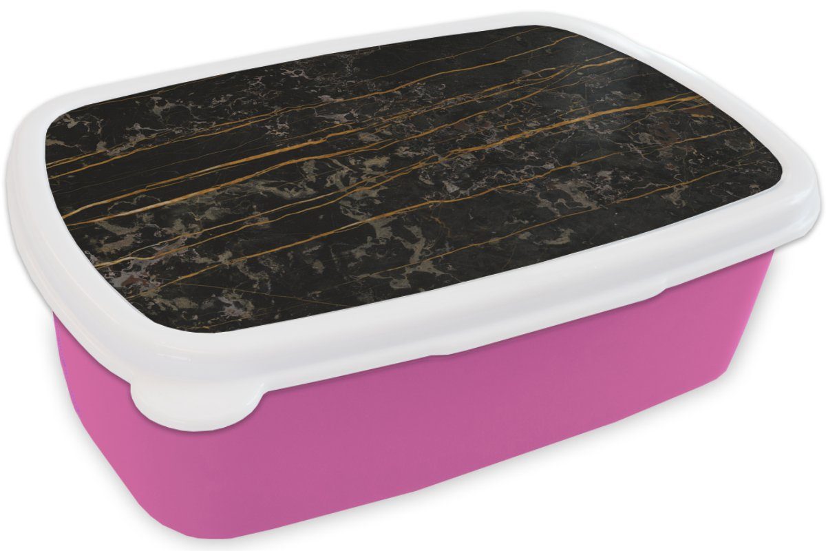 Marmor Kunststoff Snackbox, Schwarz Kinder, (2-tlg), Gold Ader, Kunststoff, Brotbox MuchoWow Erwachsene, - Brotdose Lunchbox für - Mädchen, rosa -